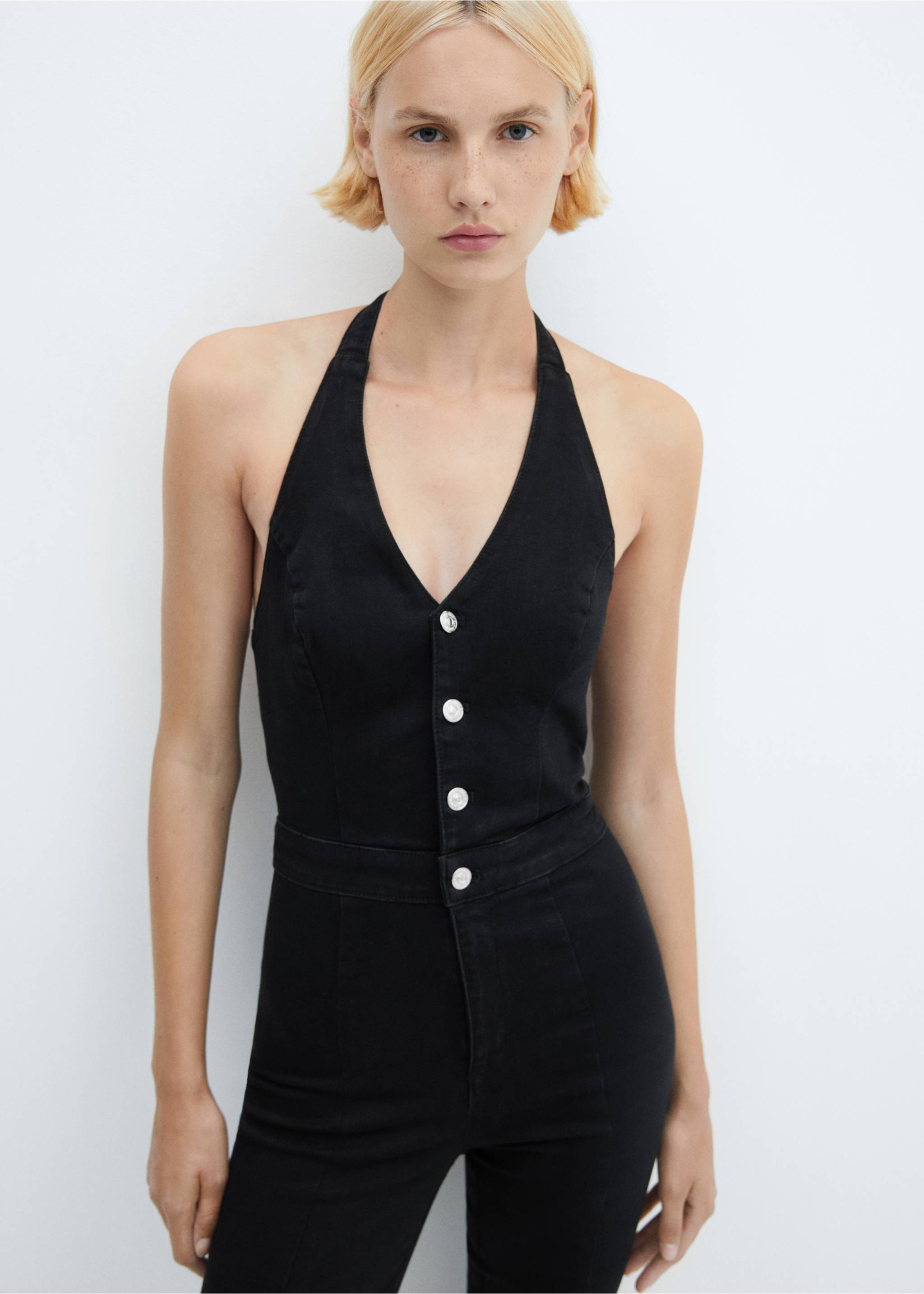 Denim halter-neck jumpsuit - Medium plane, Black denim. Ref: 57063808-00.