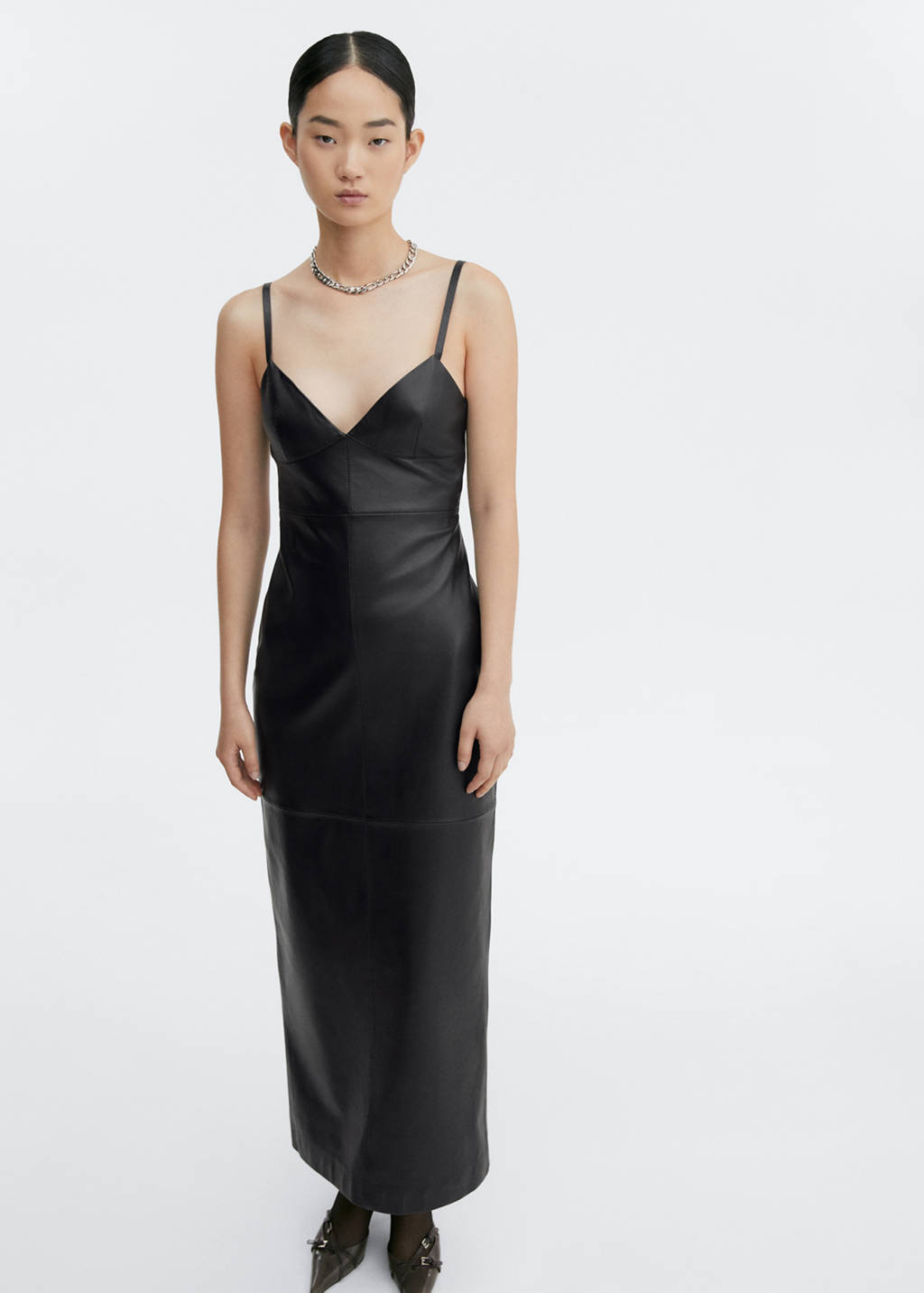 dress with leather straps This elevated look combines the edgy allure of a black leather strapless  midi dress with the structured sophistication of an olive green blazer,  making it perfect for an office party, holiday gathering,