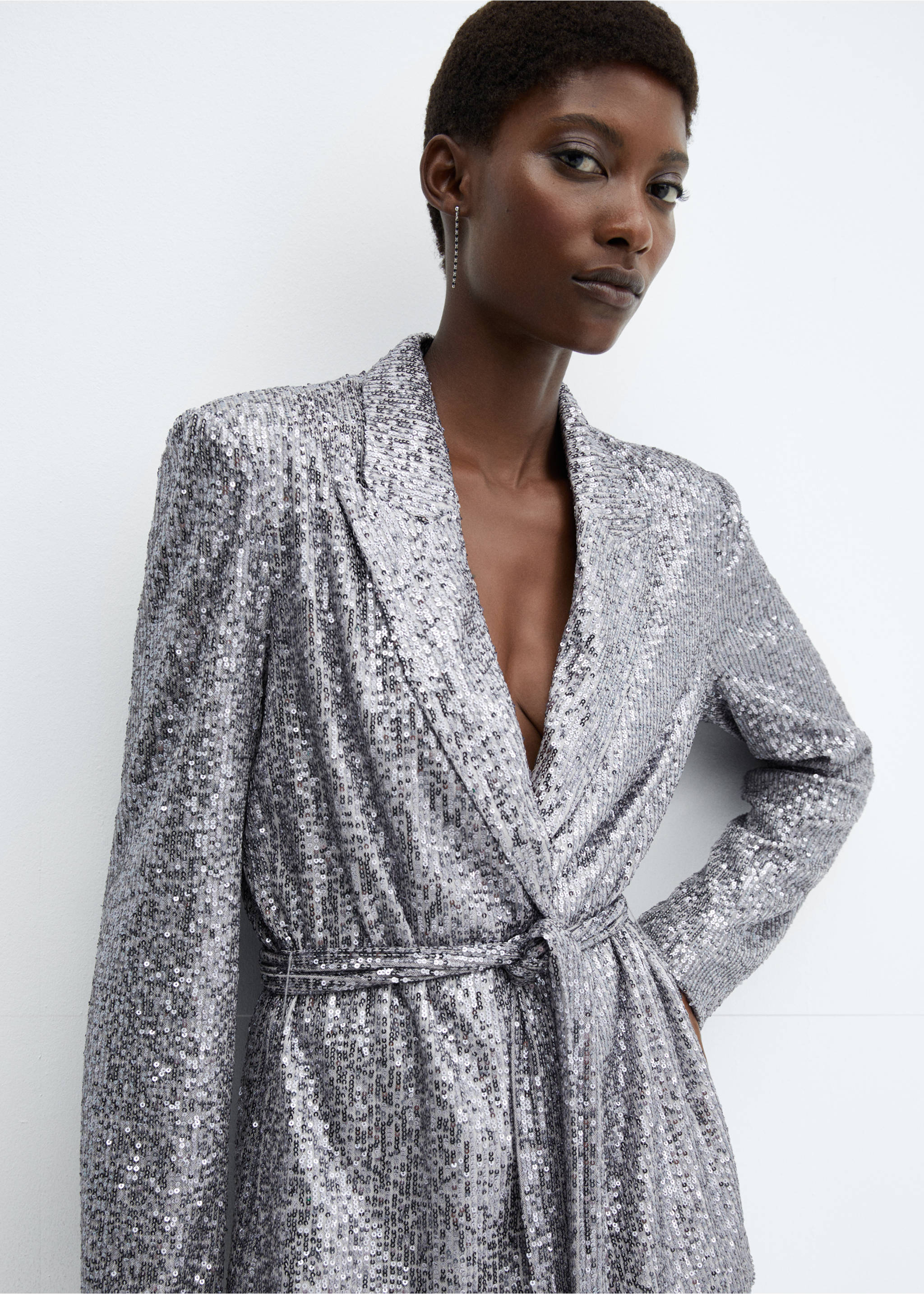 Sequin jacket with detachable belt - Details of the article 1, Grey. Ref: 57066713-00.