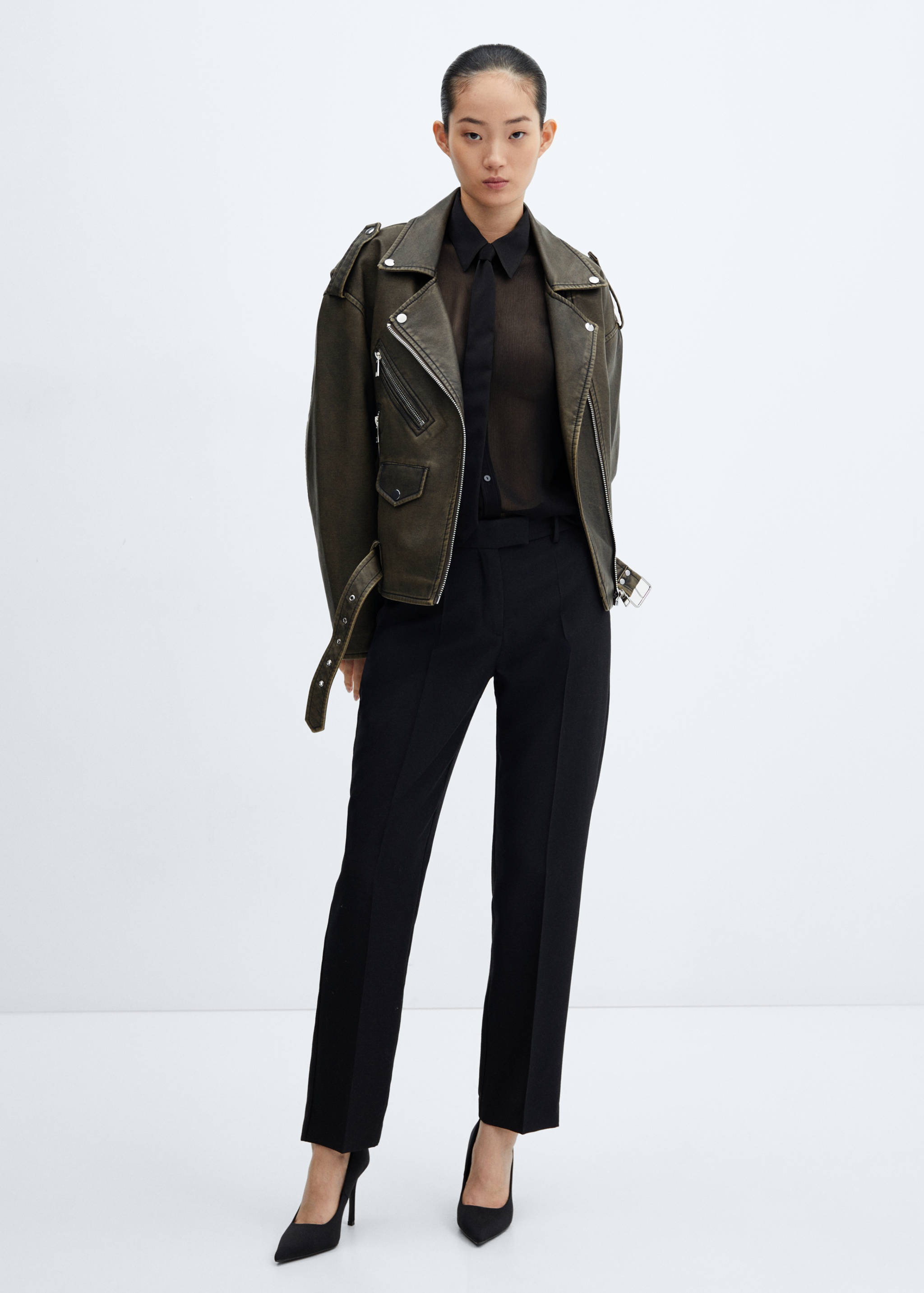 Oversized worn-effect biker jacket - General plane