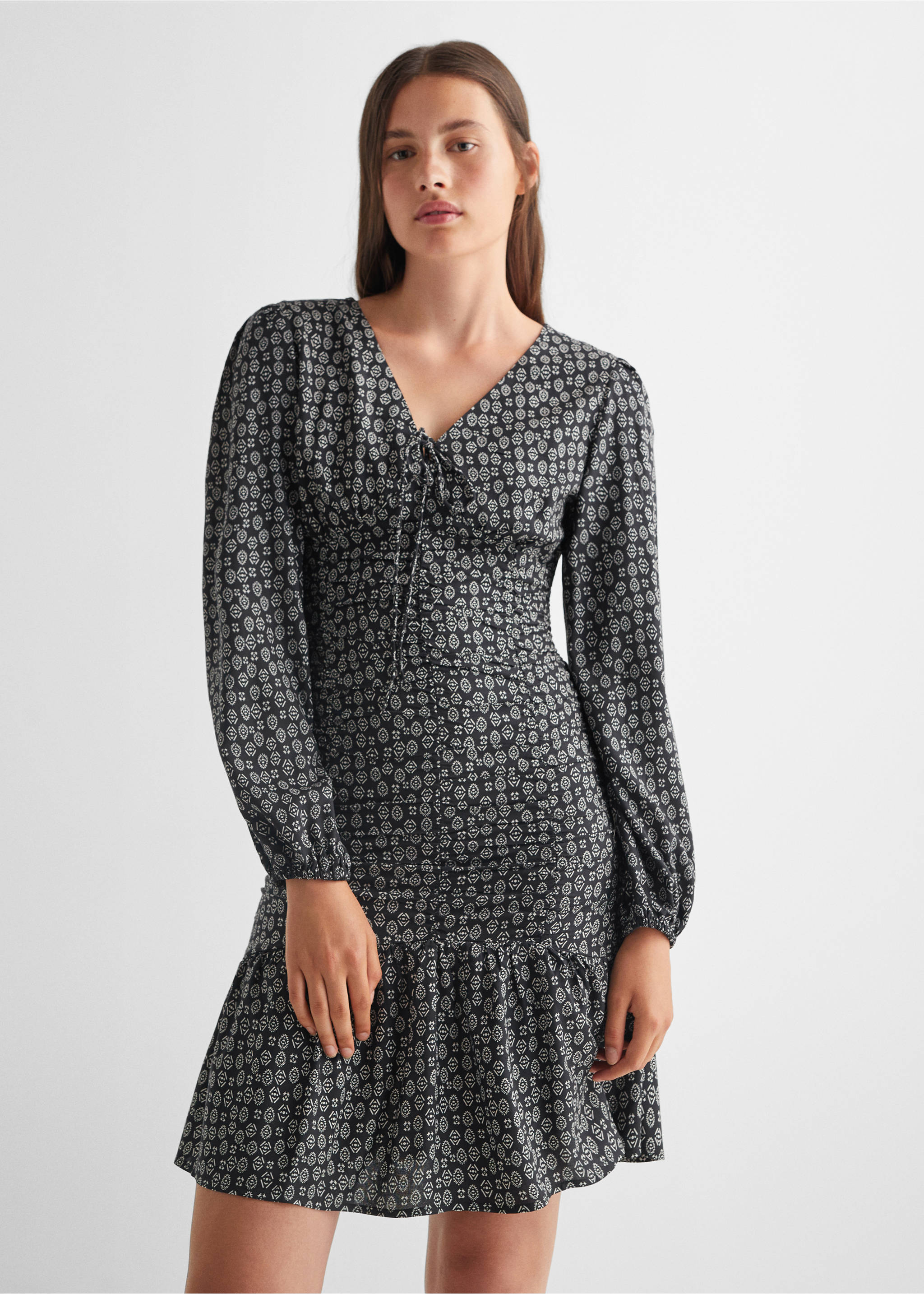 Ruffled printed dress - Medium plane, Black. Ref: 57067899-00.