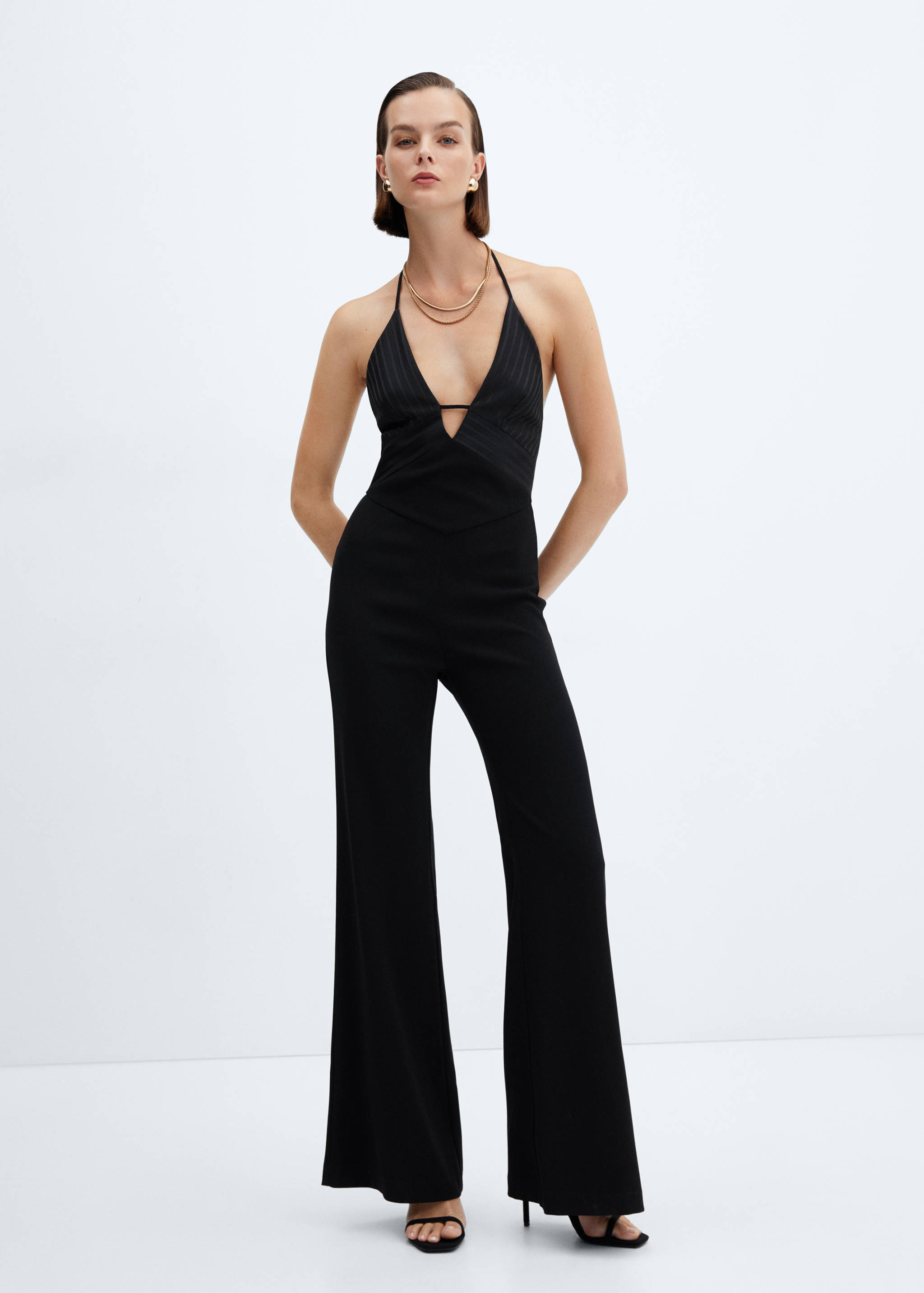 Diep uitgesneden jumpsuit met satijnen details - Overzichtstekening
