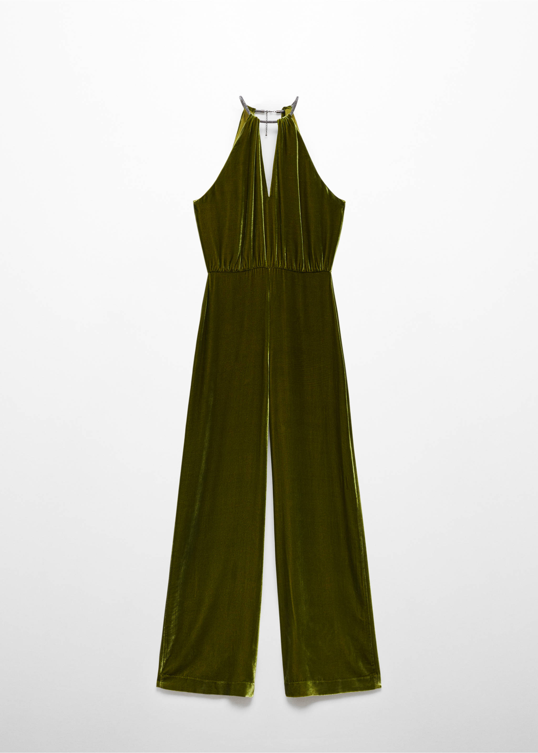 Halter-neck velvet jumpsuit - Article without model, Olive Green. Ref: 57069097-00.