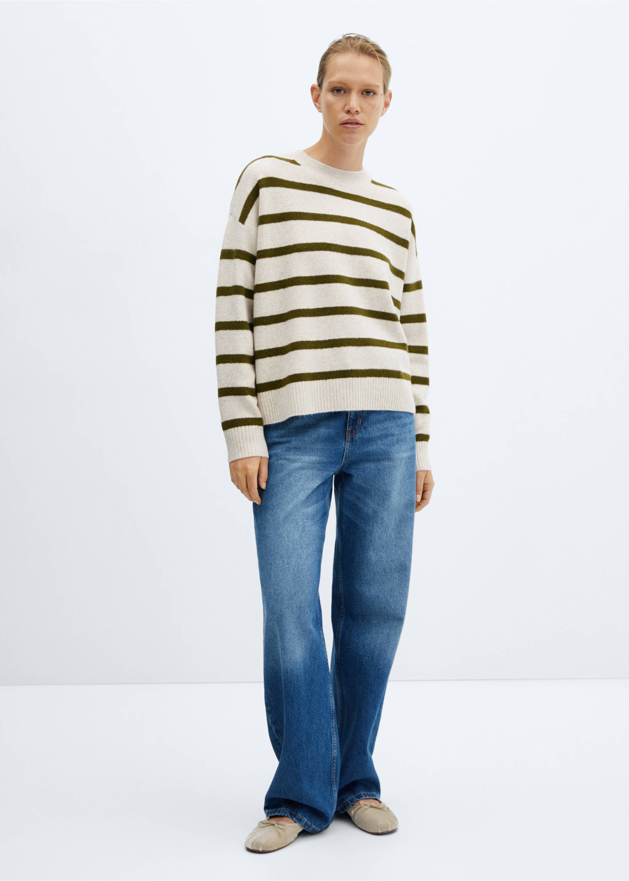 Round-neck striped sweater - General plane, Khaki. Ref: 57069101-00.