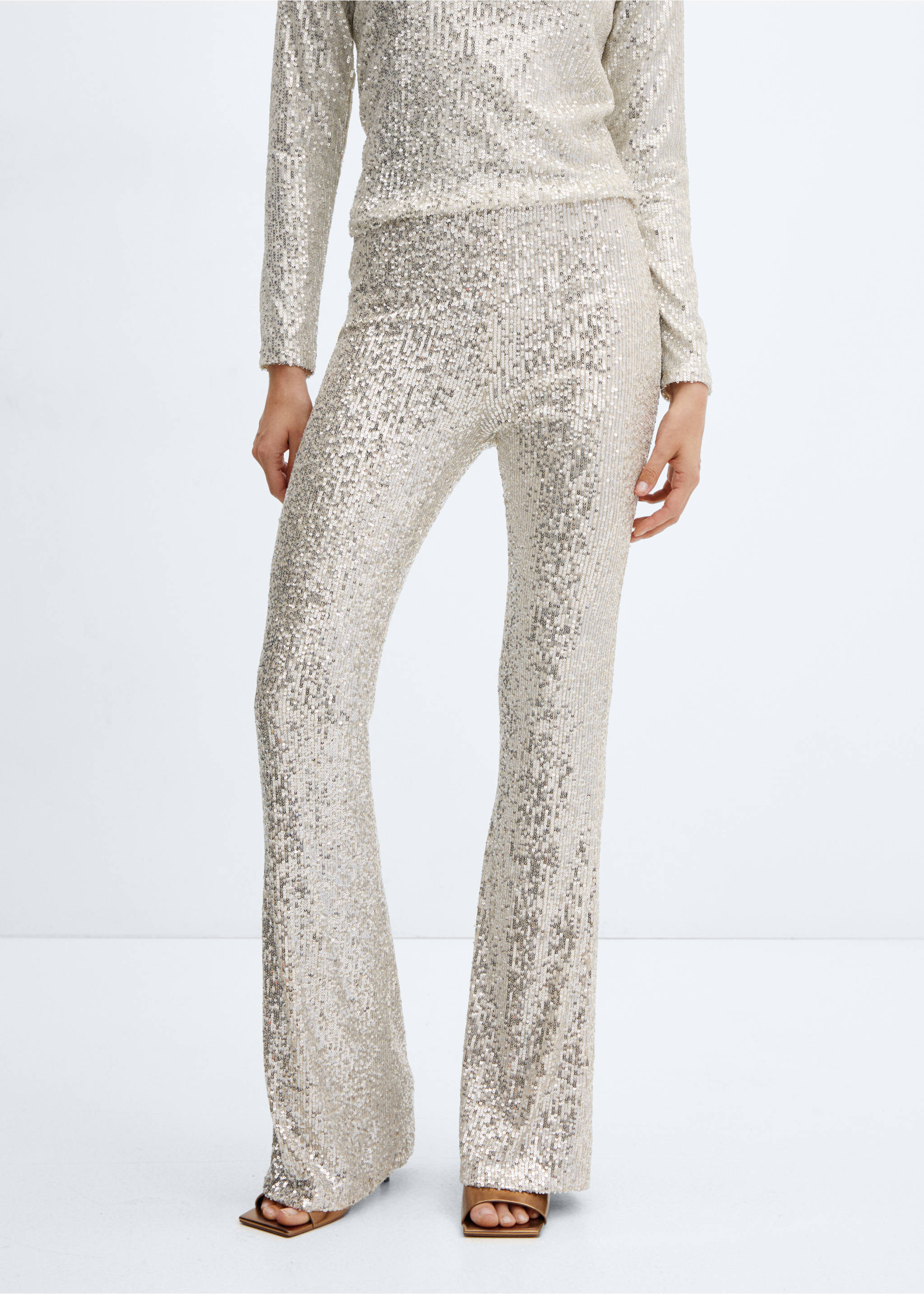 Pantalon flare sequins - Plan moyen, Ivoire. Ref: 57069102-00.