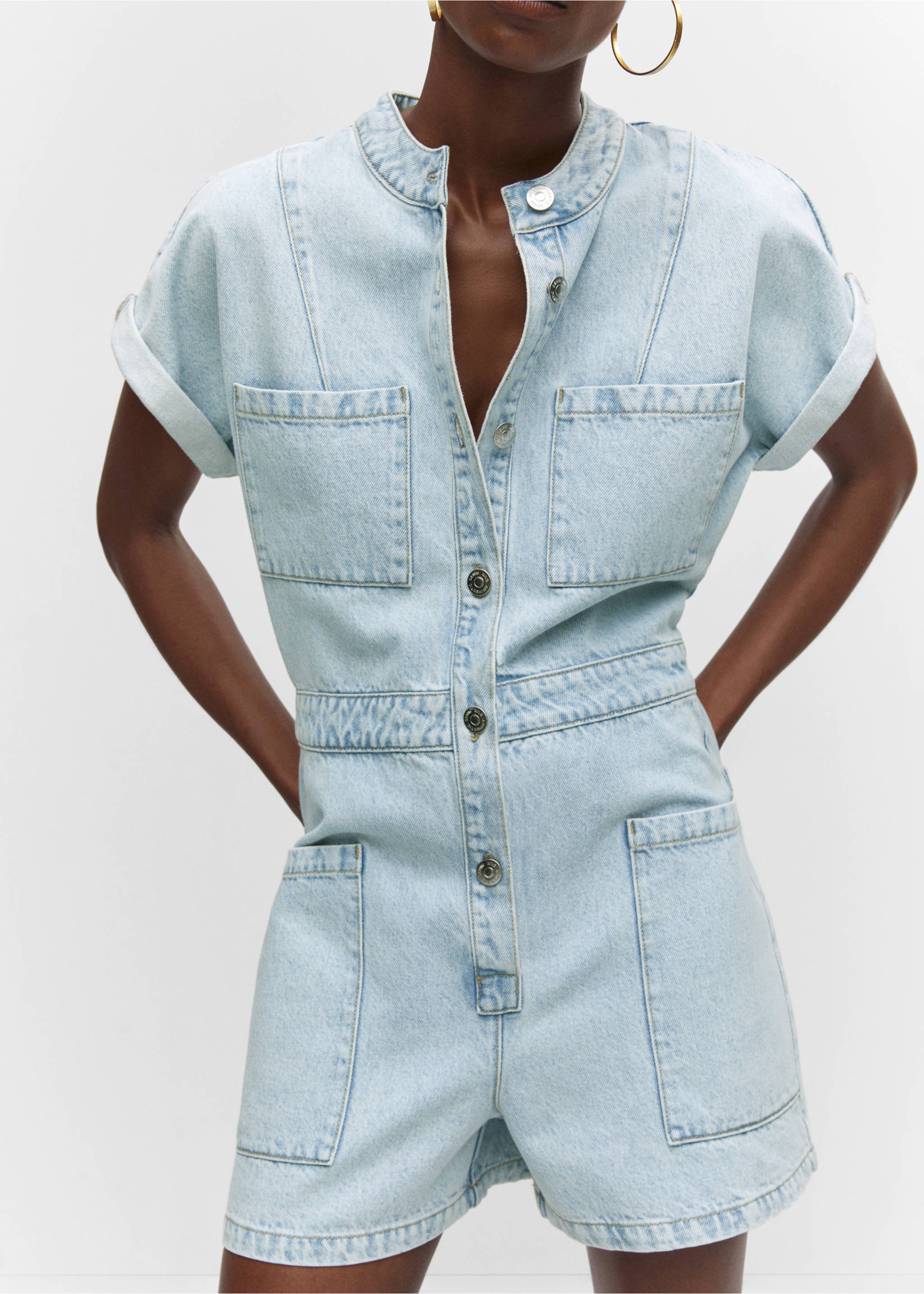 Denim jumpsuit with pockets - Details of the article 3, Light Blue. Ref: 57072878-00.