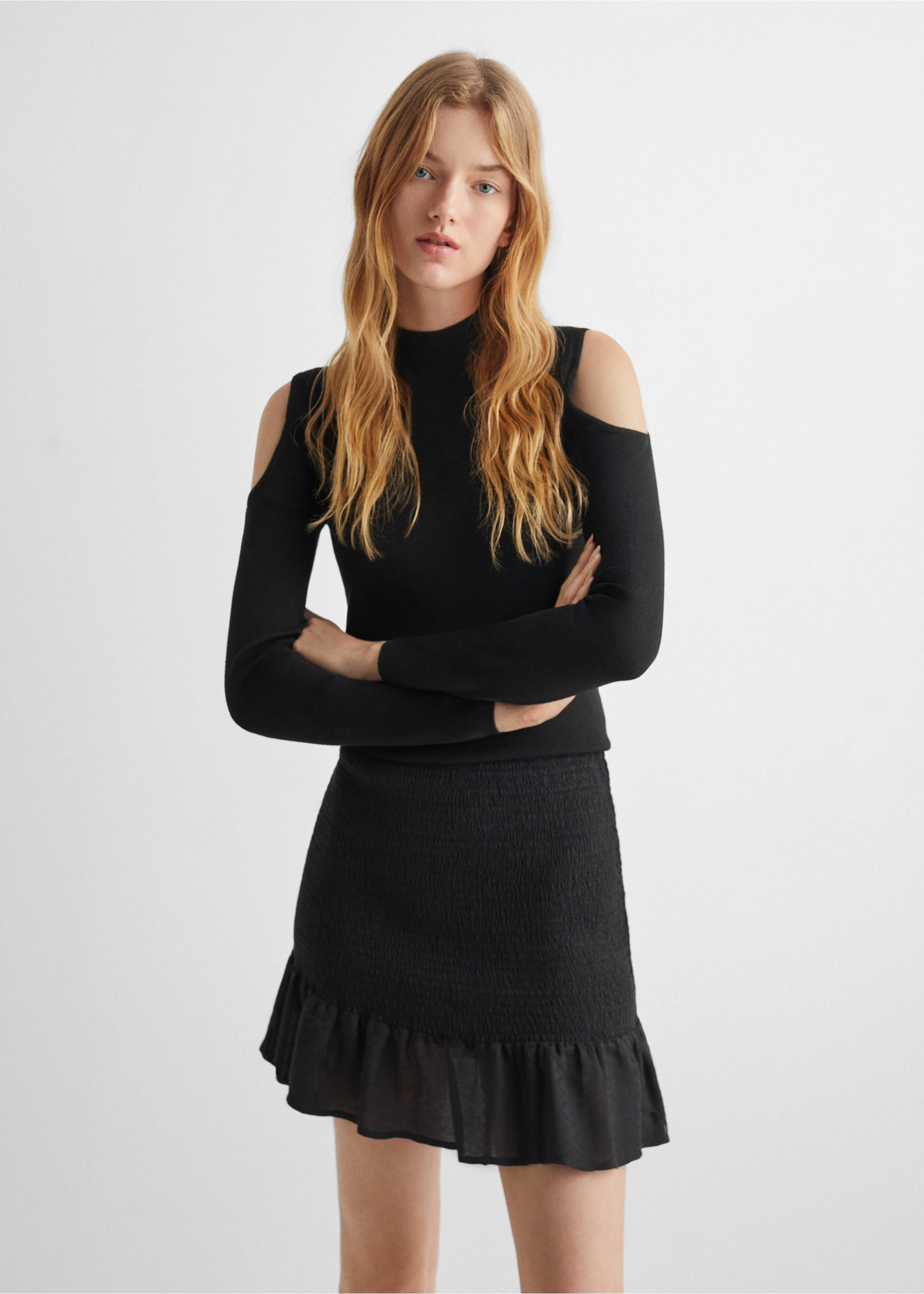 Gathered skirt with ruffles - Medium plane, Black. Ref: 57075796-00.