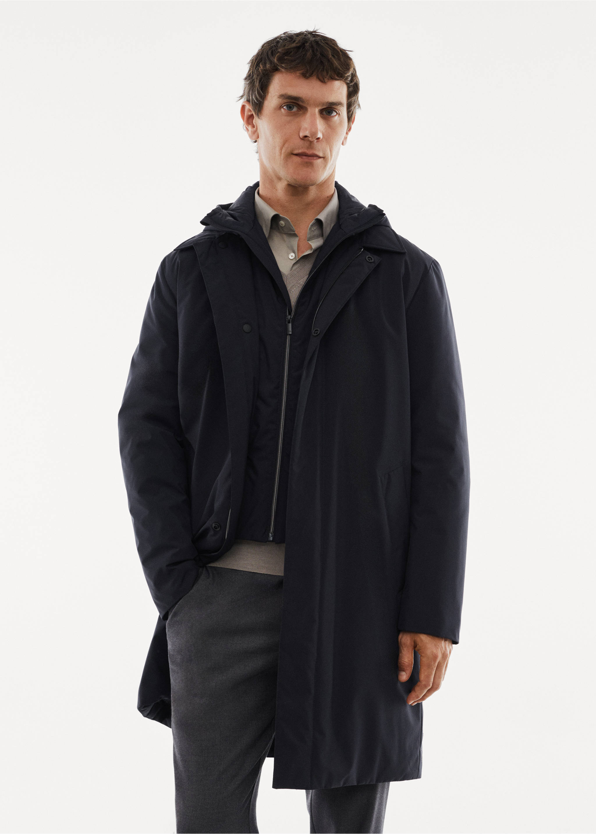 Water-repellent hooded trench coat - Medium plane, Navy. Ref: 57075946-00.