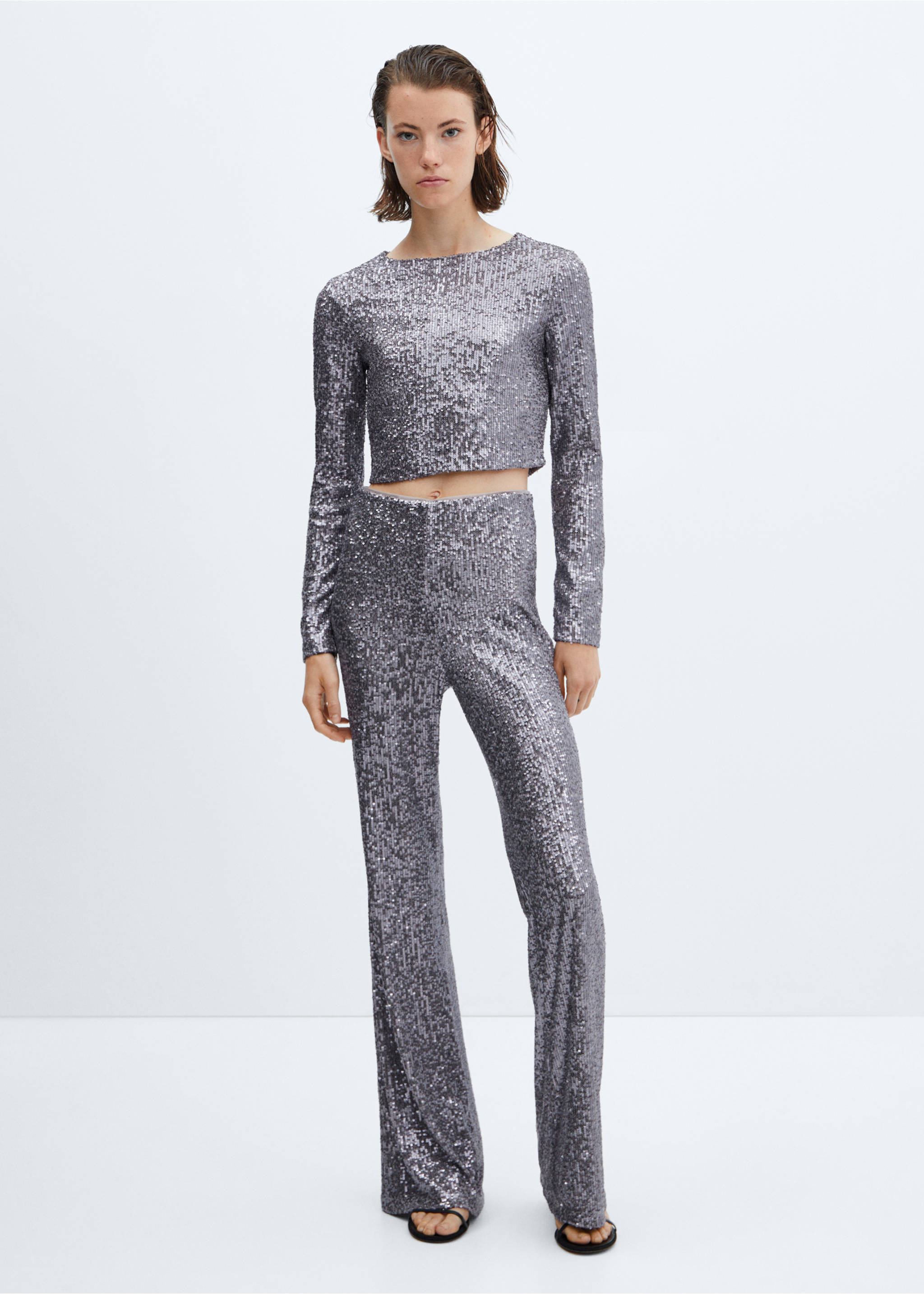 Long-sleeved sequin crop top - General plane, Grey. Ref: 57076713-00.