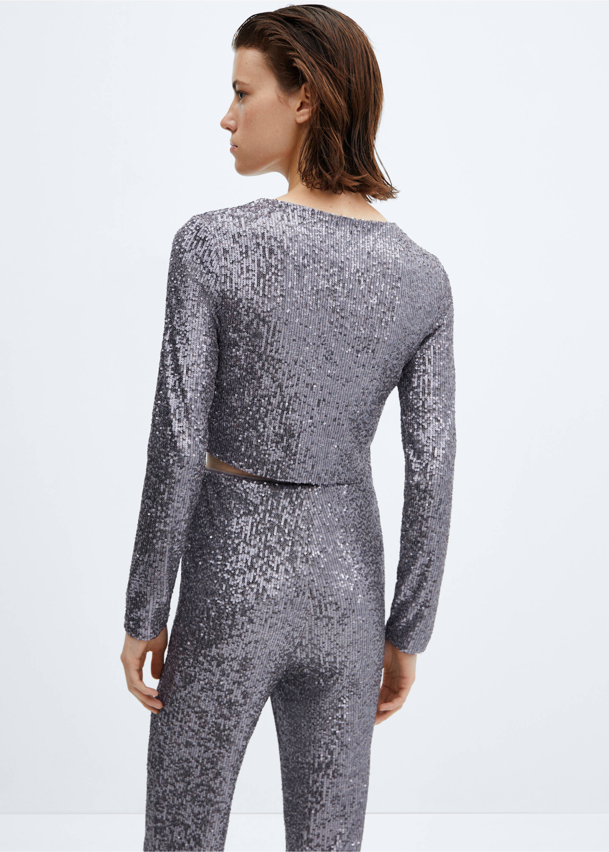Long-sleeved sequin crop top - Reverse of the article, Grey. Ref: 57076713-00.