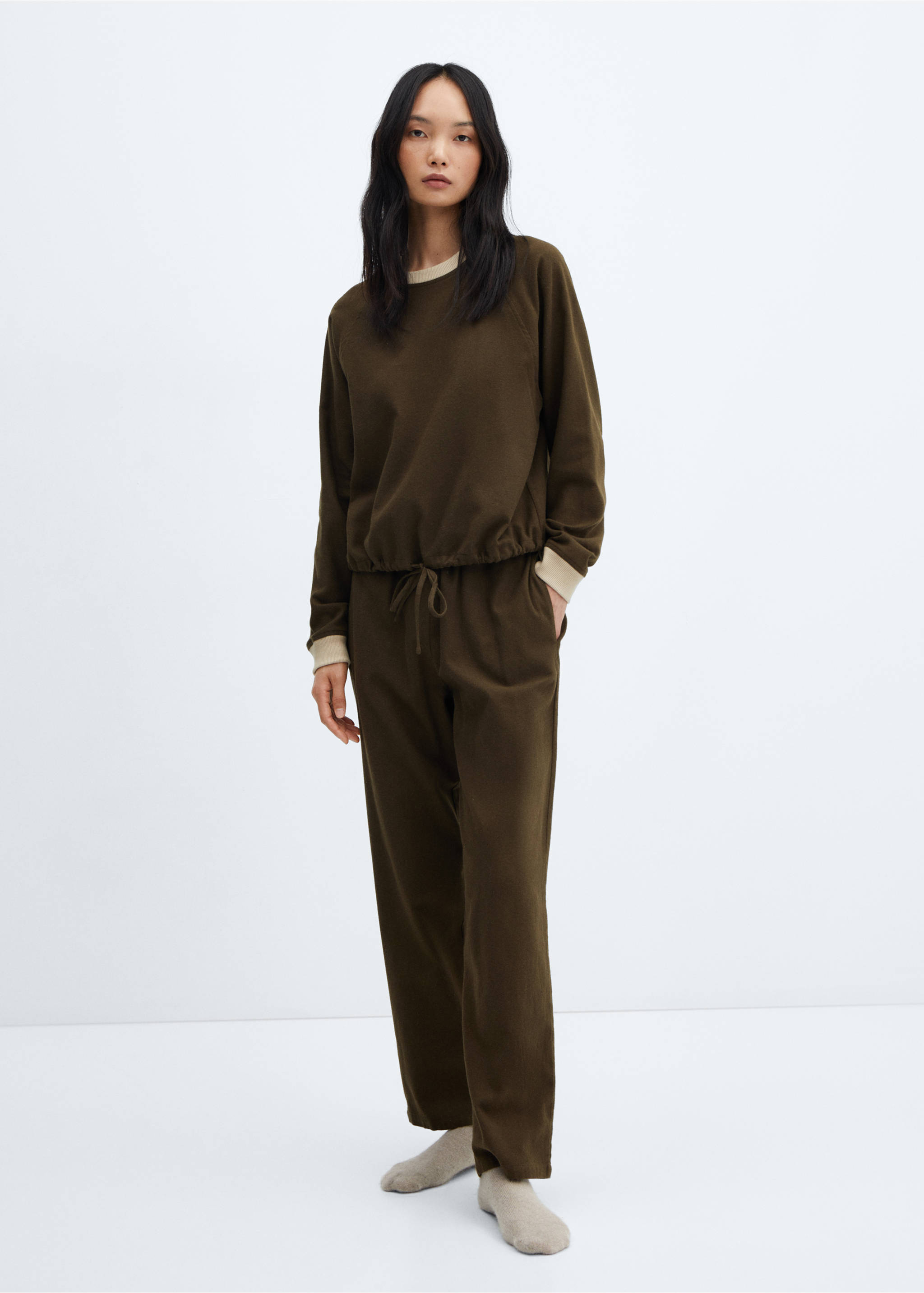 Flannel sweatshirt with adjustable hem - General plane, Khaki. Ref: 57077746-00.