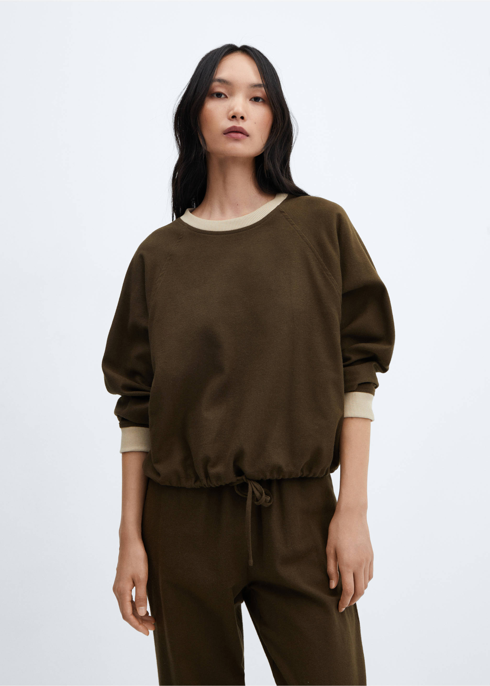 Flannel sweatshirt with adjustable hem - Medium plane, Khaki. Ref: 57077746-00.