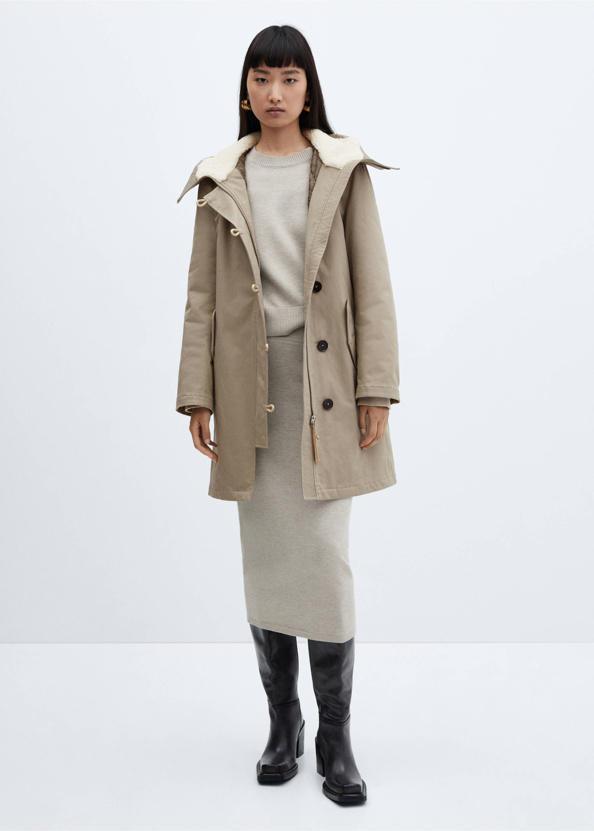 Midi-parka with shearling collar - General plane, Light Heather Grey. Ref: 57078267-00.