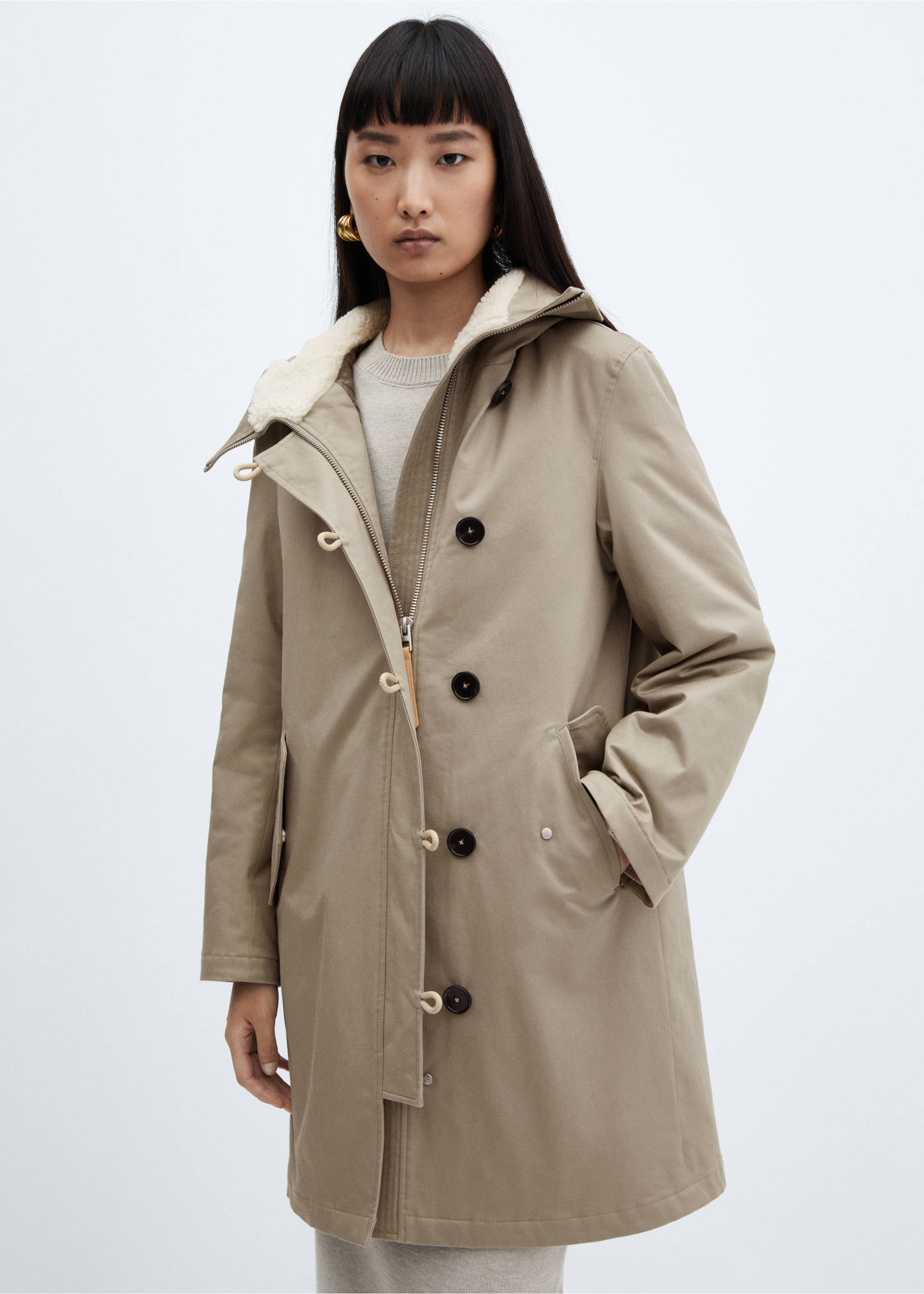 Midi-parka with shearling collar - Medium plane, Light Heather Grey. Ref: 57078267-00.