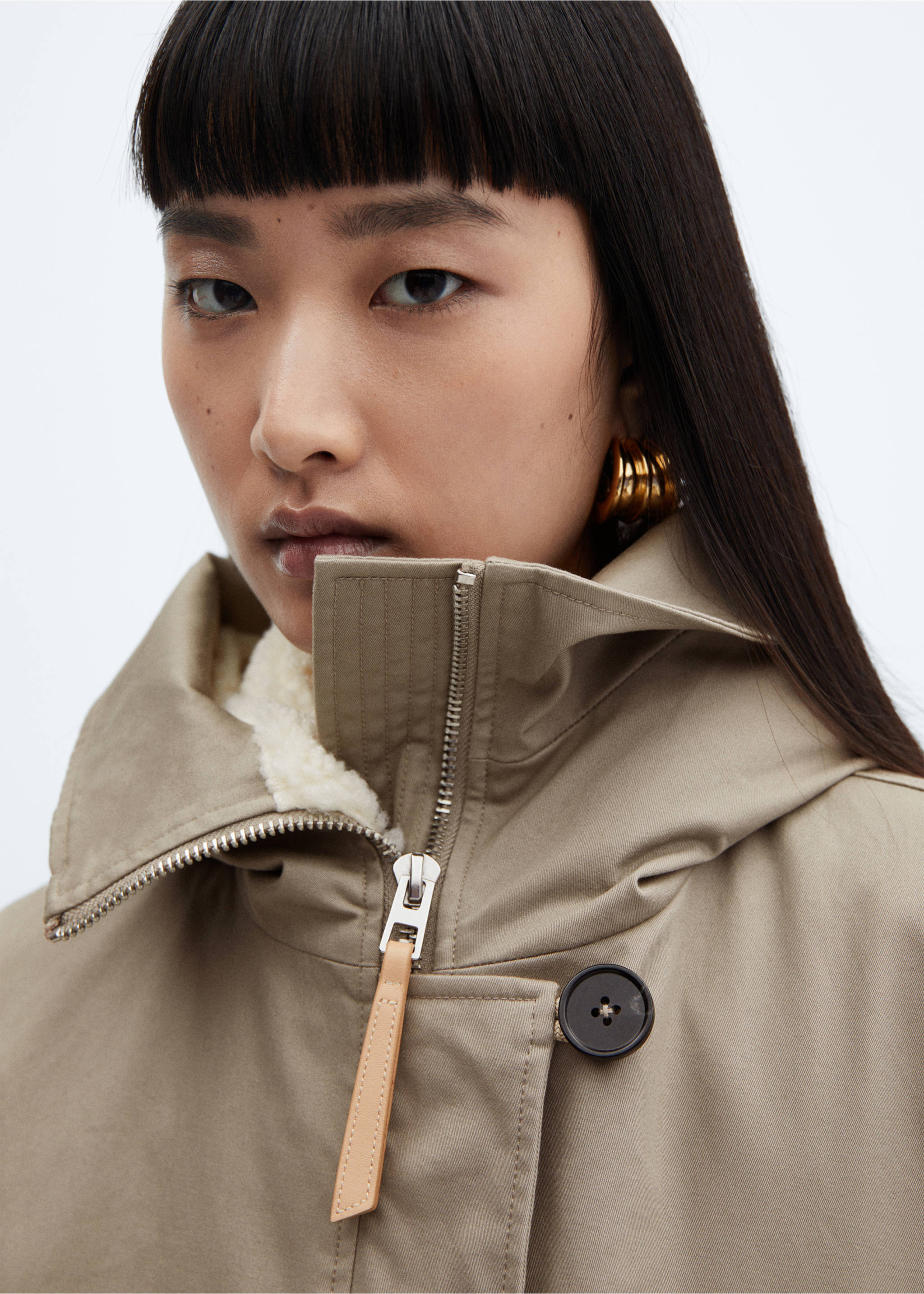 Midi-parka with shearling collar - Details of the article 1, Light Heather Grey. Ref: 57078267-00.
