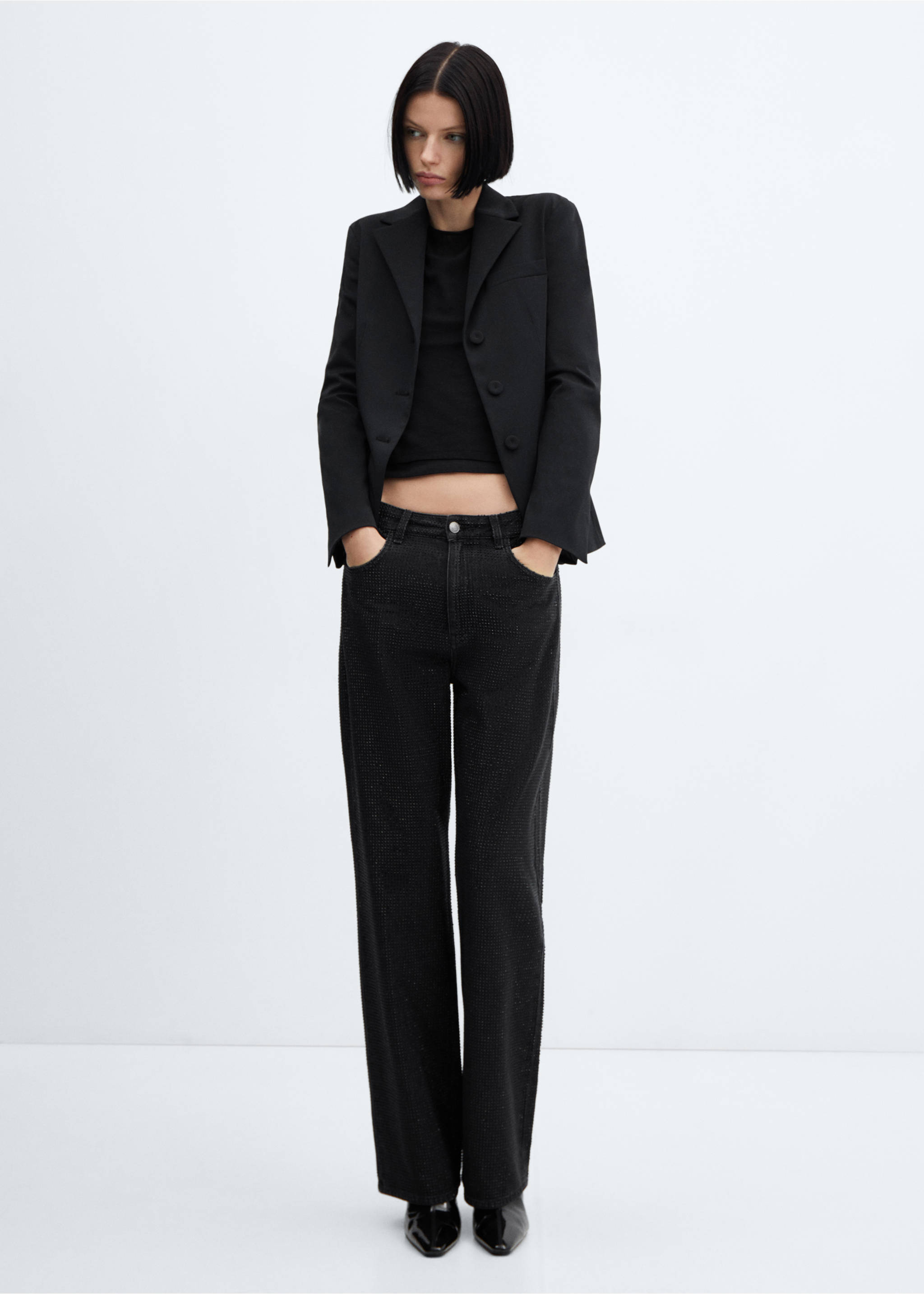 Straight jeans with rhinestone detail - General plane, Black denim. Ref: 57079082-00.