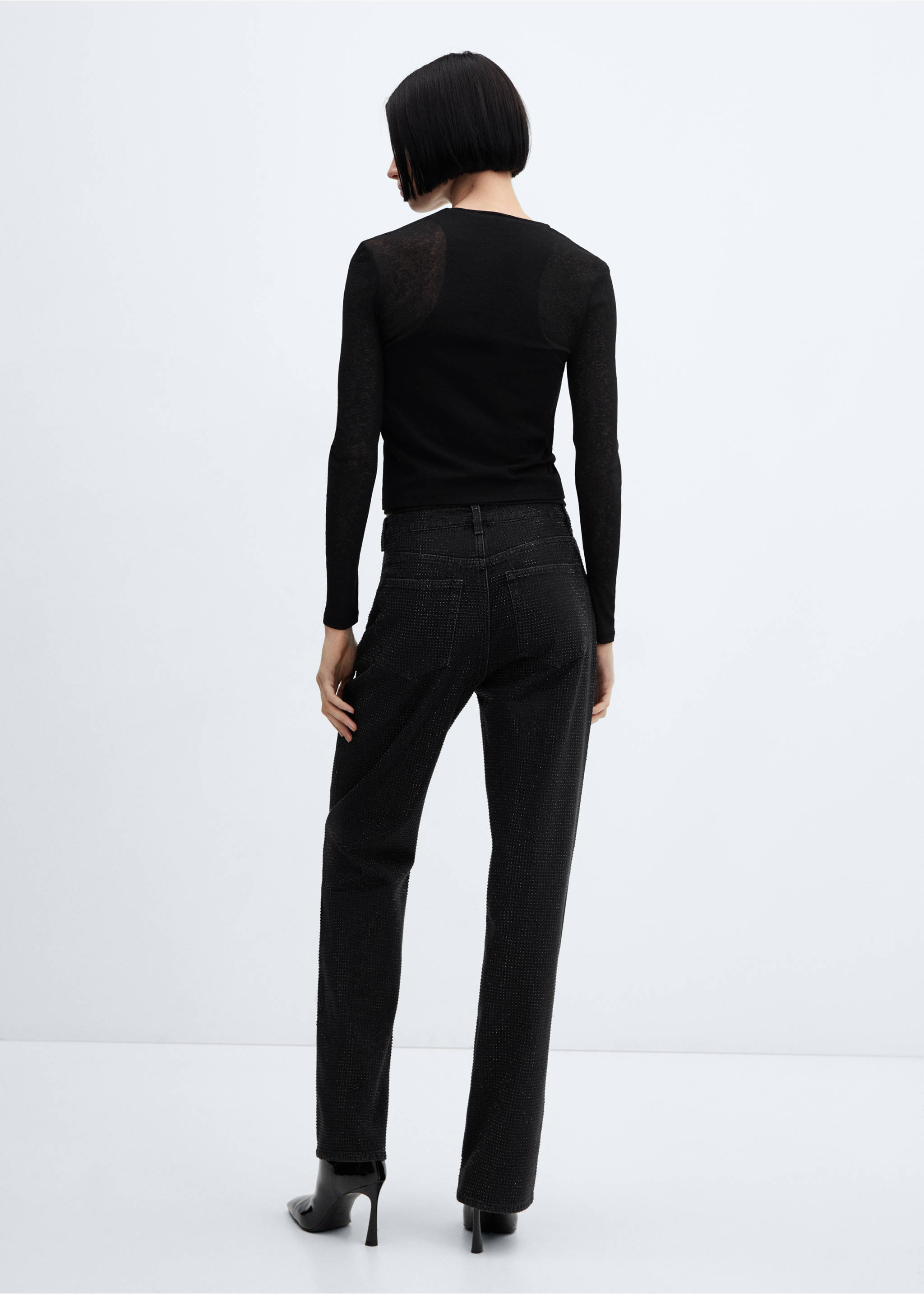 Straight jeans with rhinestone detail - Reverse of the article, Black denim. Ref: 57079082-00.