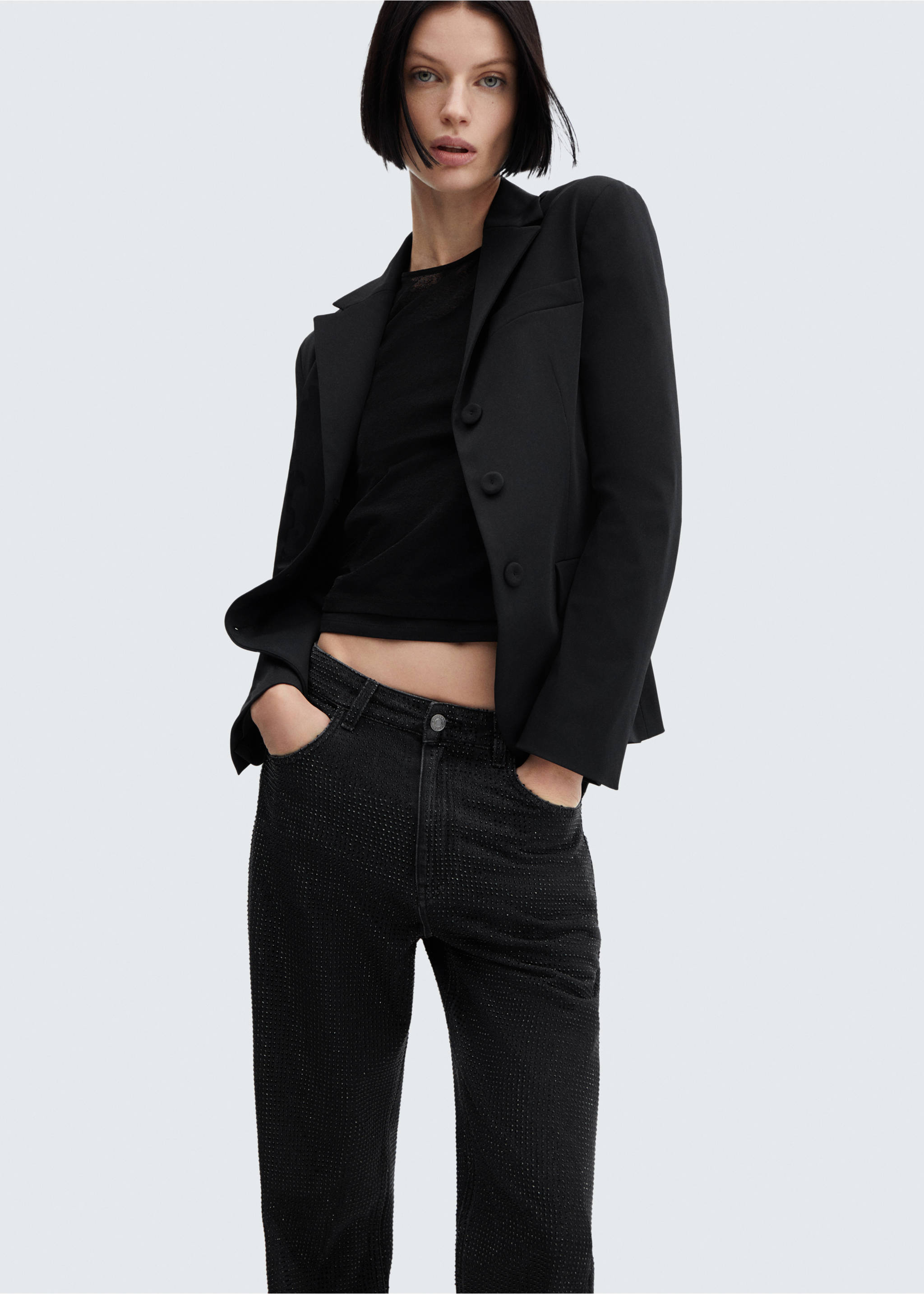 Straight jeans with rhinestone detail - Details of the article 1, Black denim. Ref: 57079082-00.