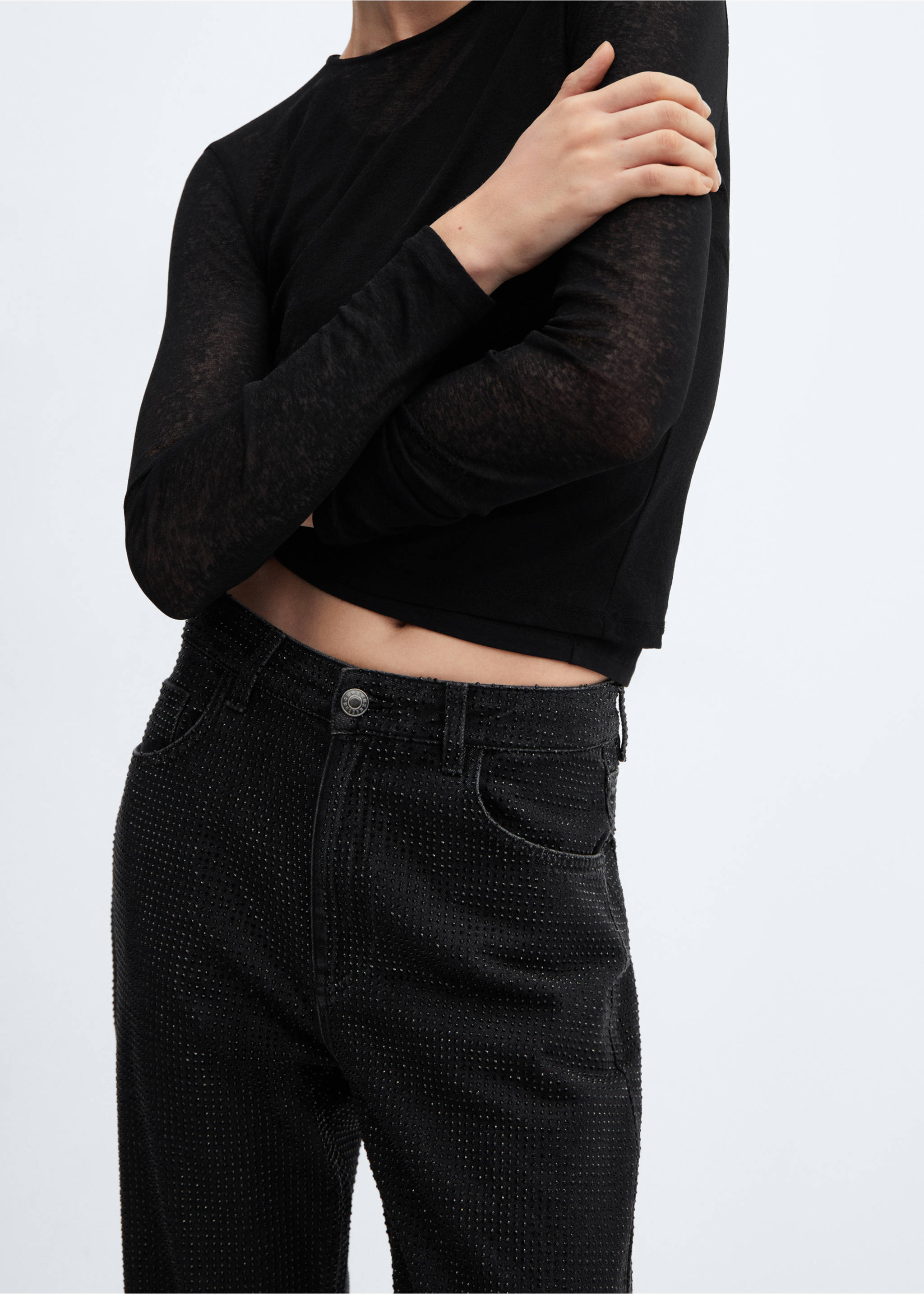 Straight jeans with rhinestone detail - Details of the article 6, Black denim. Ref: 57079082-00.