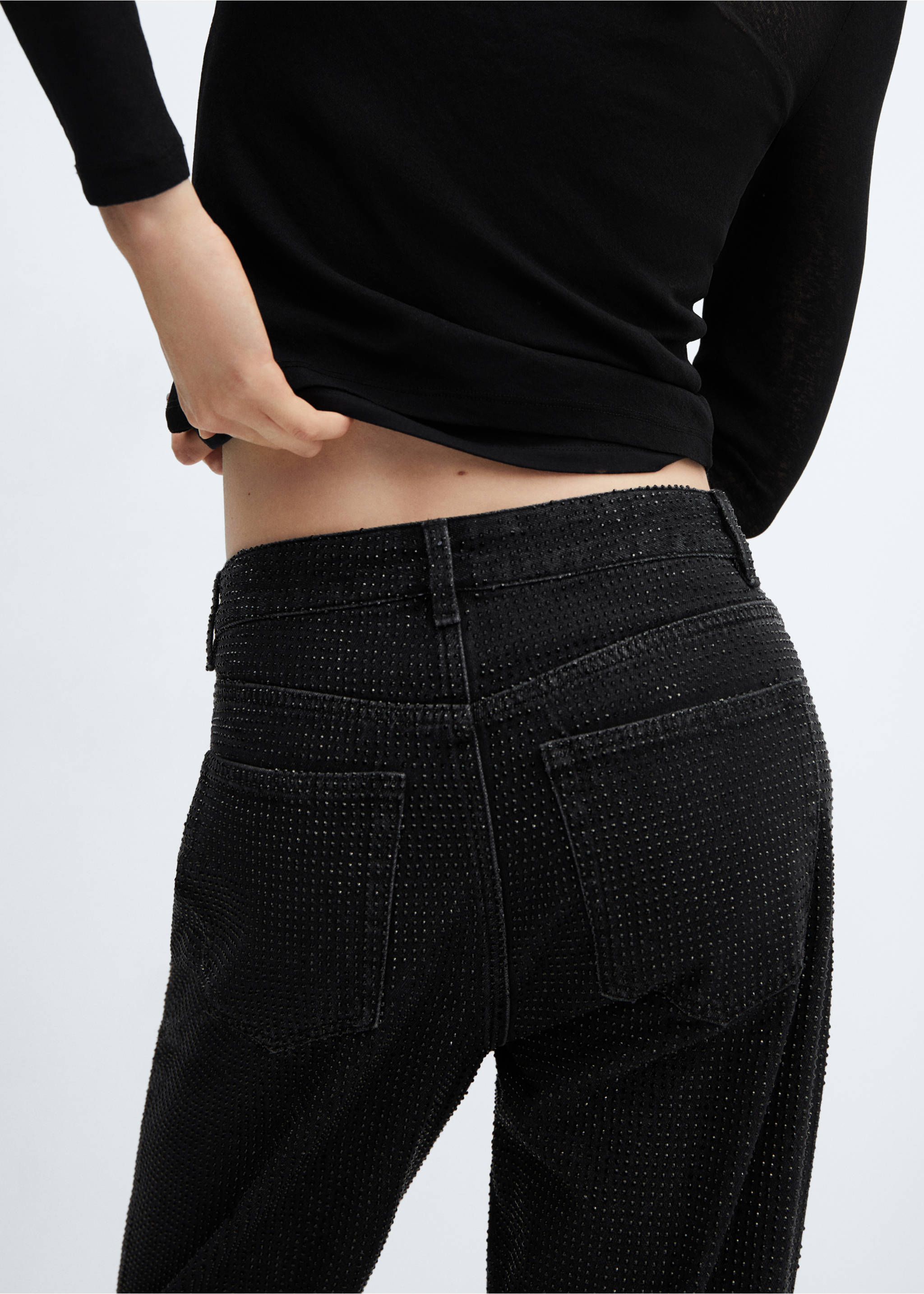 Straight jeans with rhinestone detail - Details of the article 2, Black denim. Ref: 57079082-00.