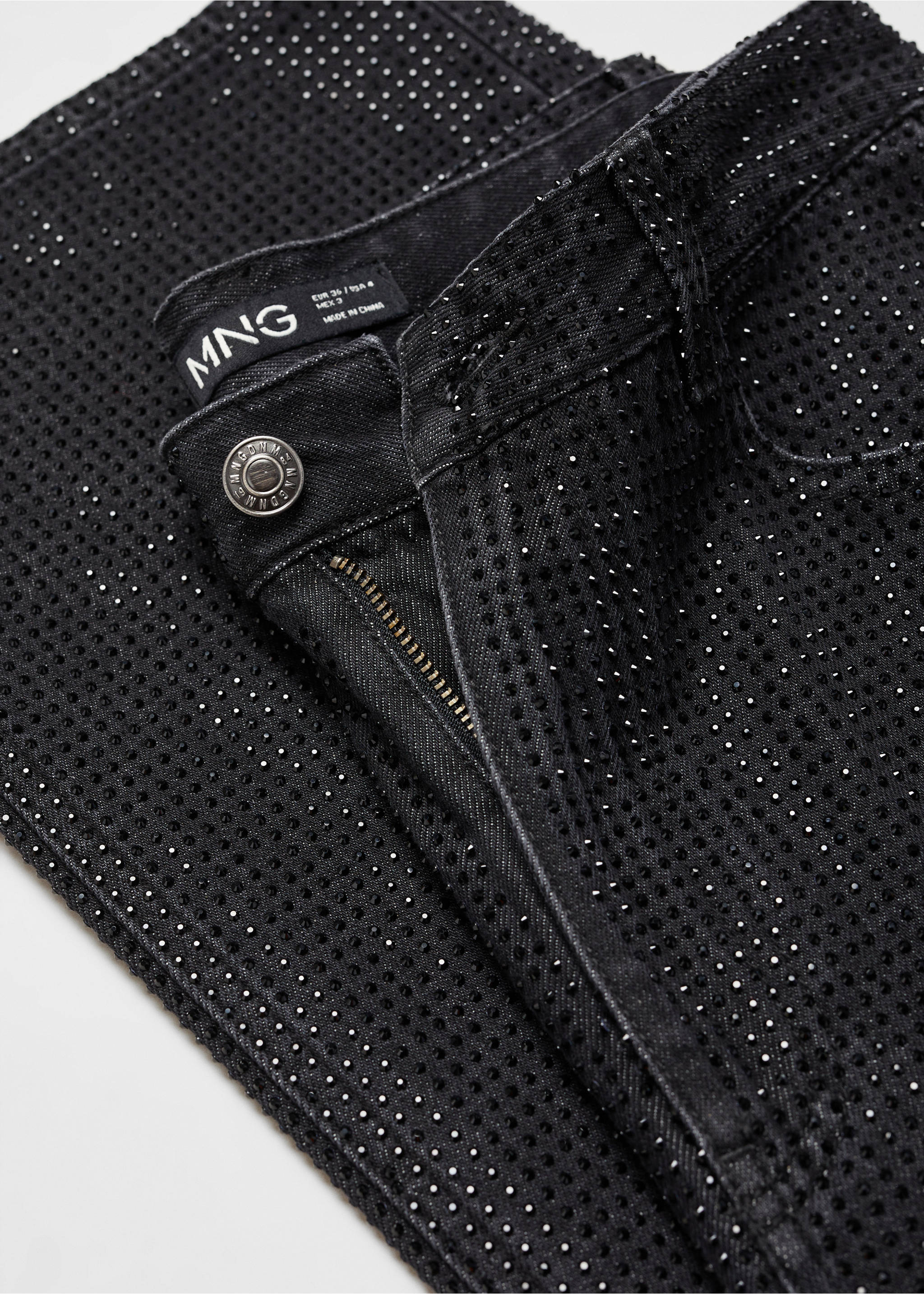 Straight jeans with rhinestone detail - Details of the article 8, Black denim. Ref: 57079082-00.