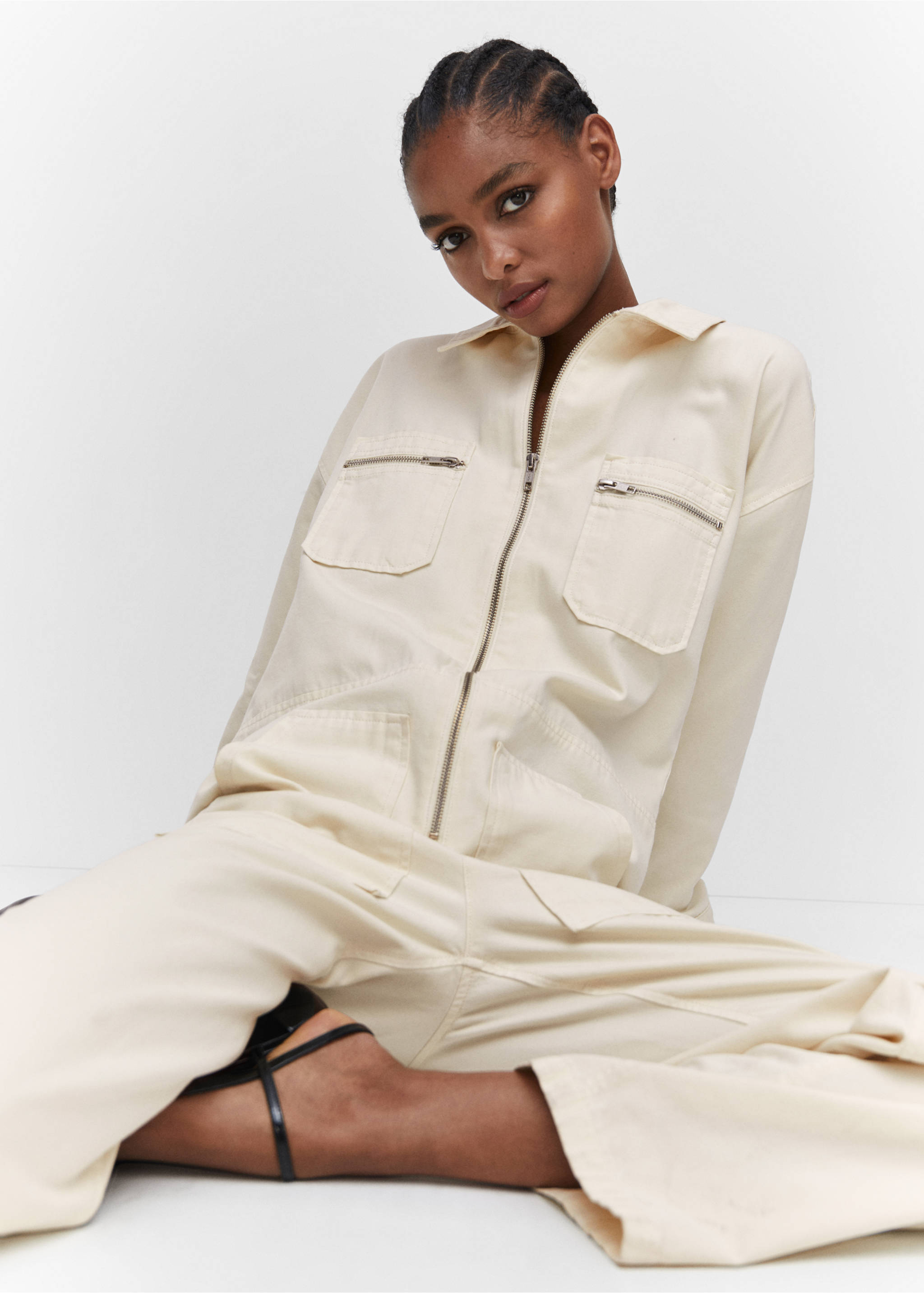 Denim zipper jumpsuit - Details of the article 2, Ecru. Ref: 57083806-00.