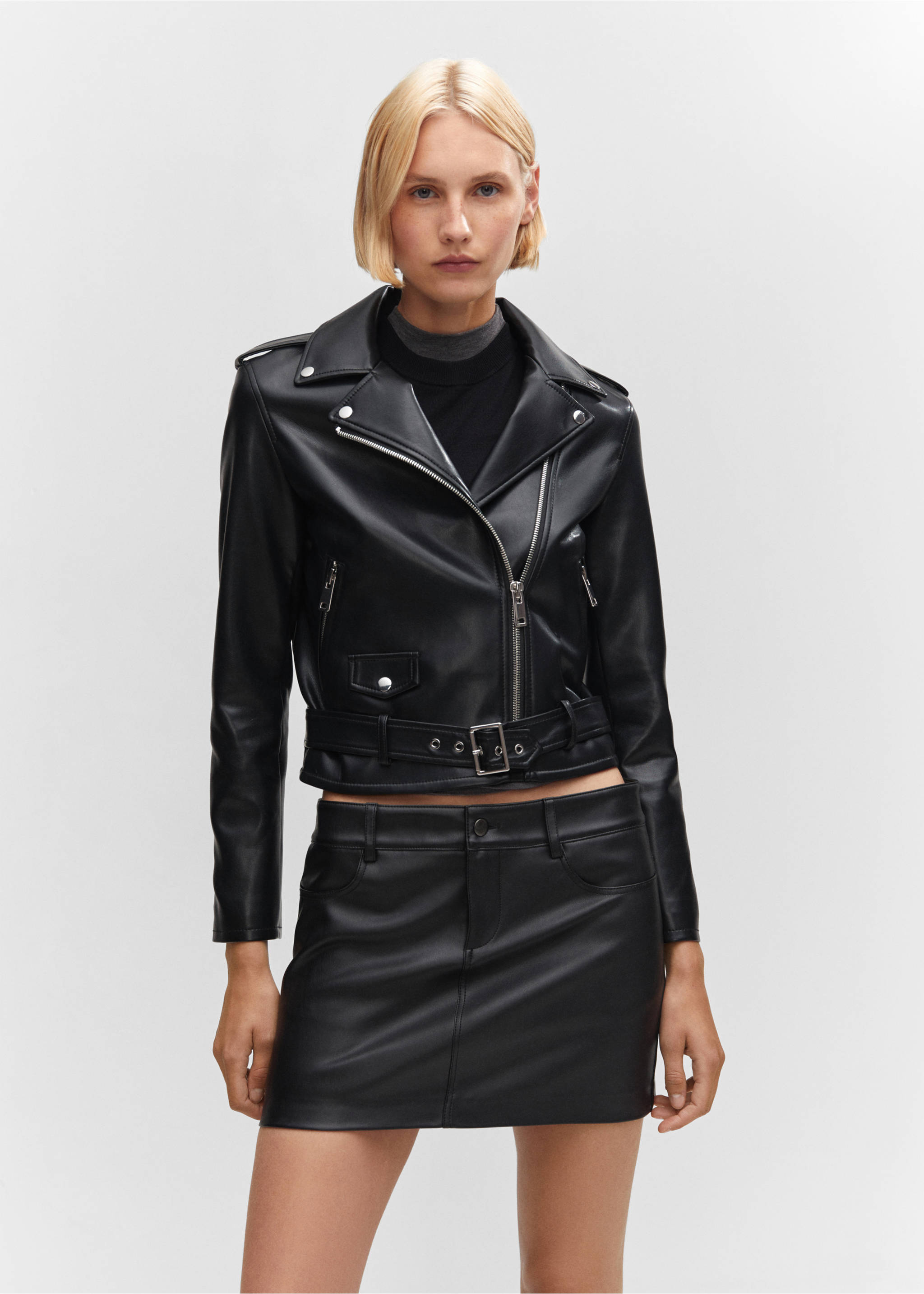 Faux-leather biker jacket - Medium plane, Black. Ref: 57084021-00.