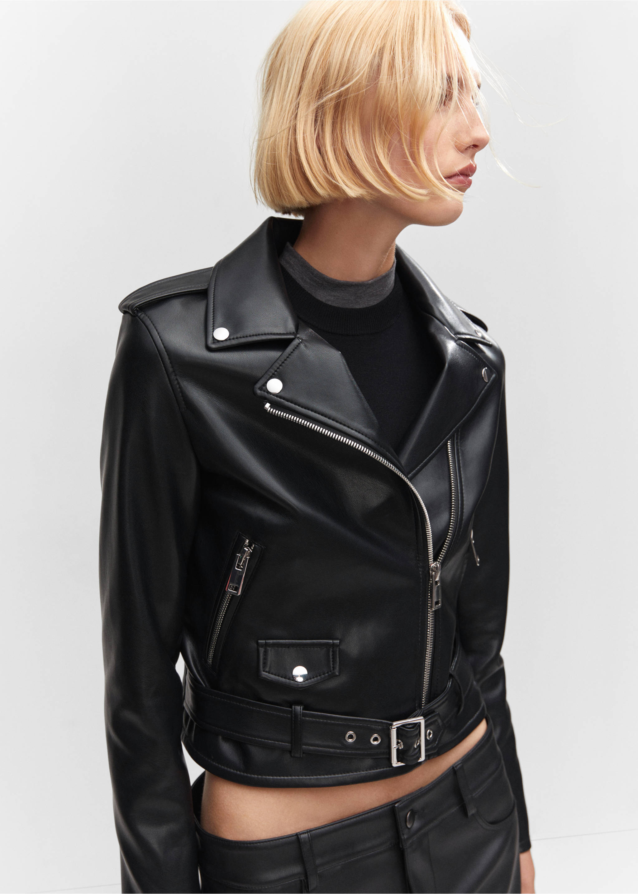 Faux-leather biker jacket - Details of the article 1, Black. Ref: 57084021-00.