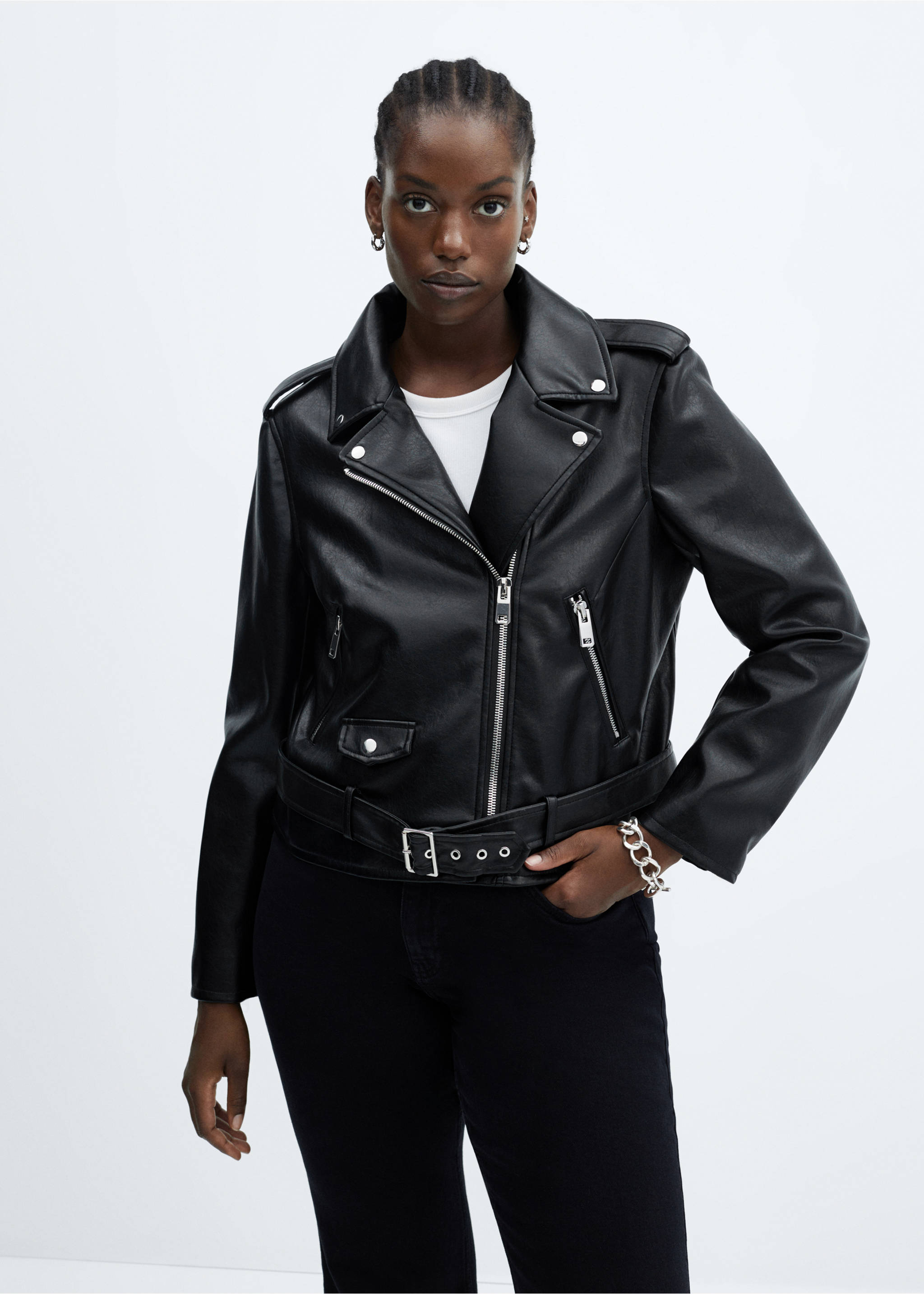 Faux-leather biker jacket - Details of the article 5, Black. Ref: 57084021-00.
