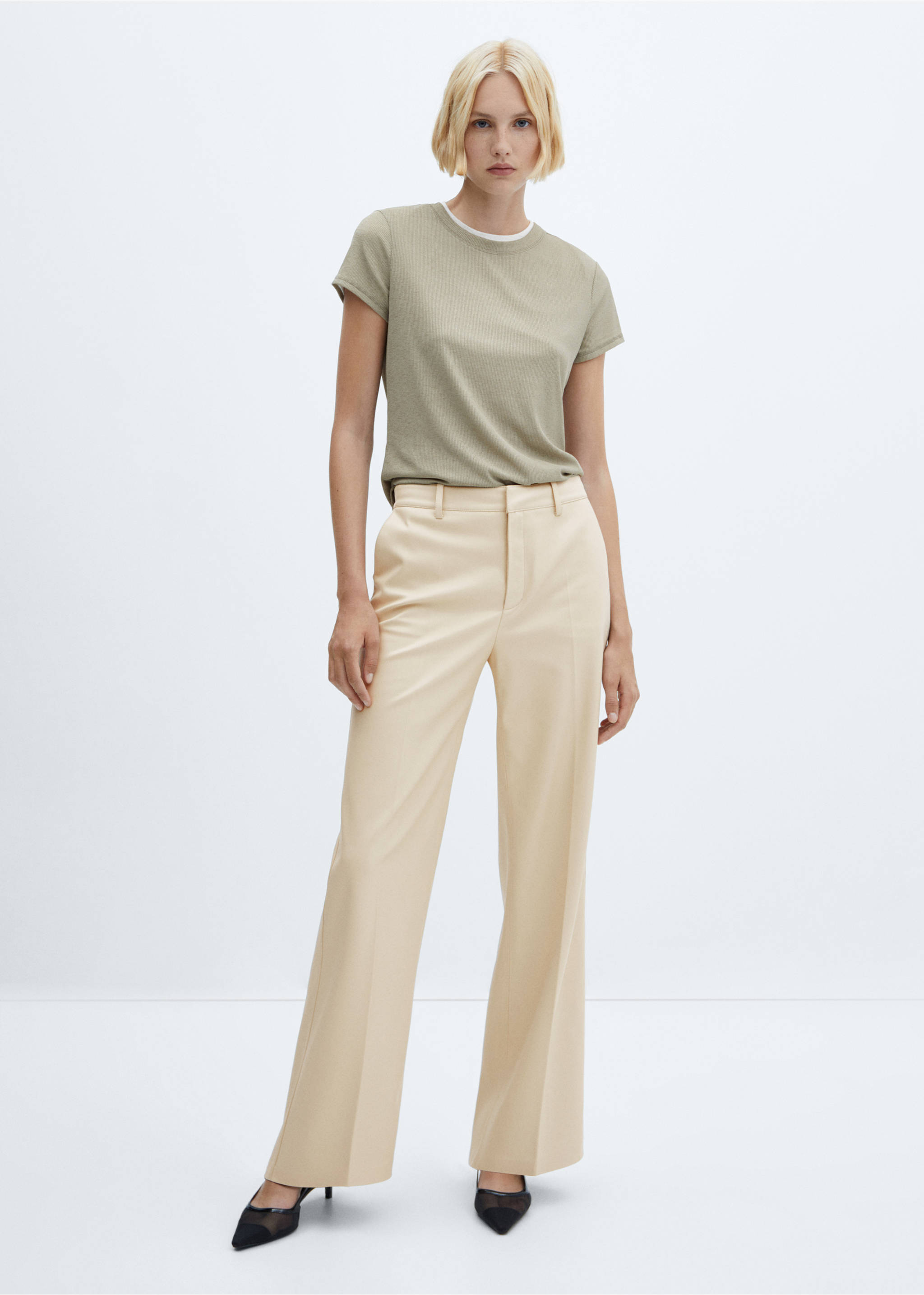 Wide leg faux-leather trousers - General plane, Ecru. Ref: 57084405-00.