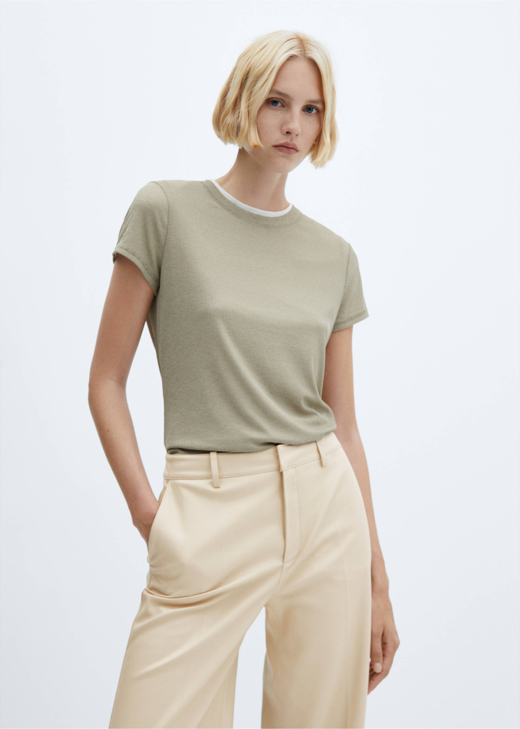 Wide leg faux-leather trousers - Details of the article 1, Ecru. Ref: 57084405-00.