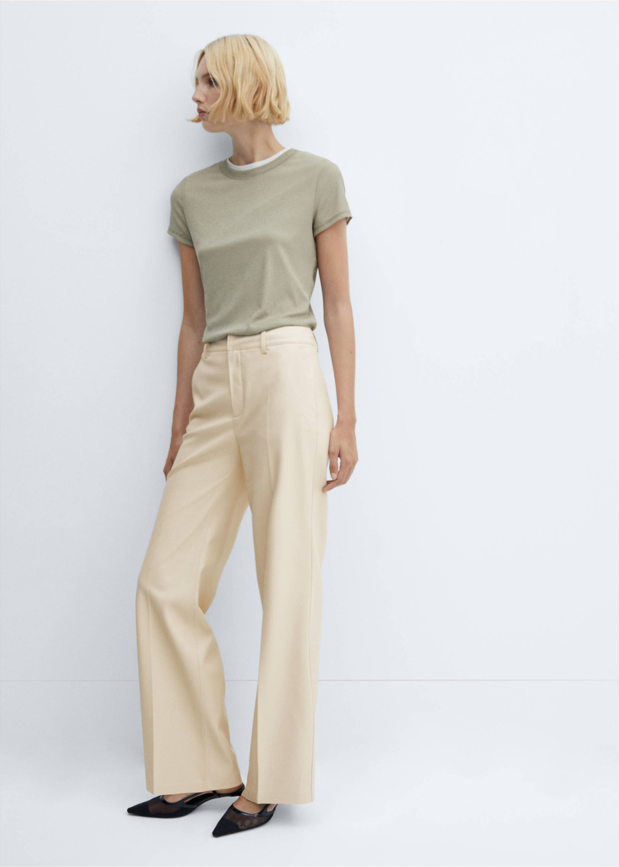 Wide leg faux-leather trousers - Details of the article 6, Ecru. Ref: 57084405-00.