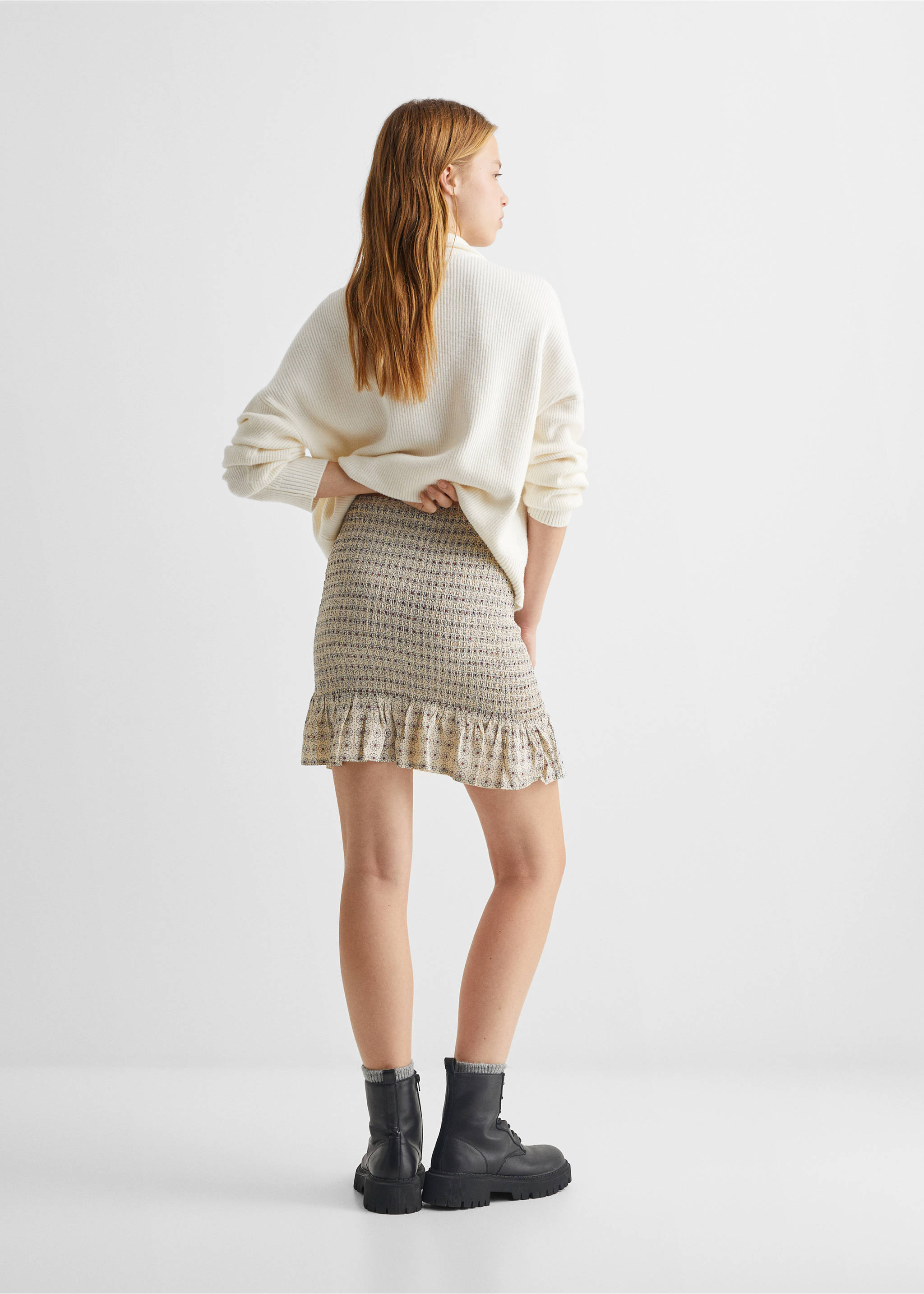 Gathered skirt with ruffle - Reverse of the article, Beige. Ref: 57085803-00.