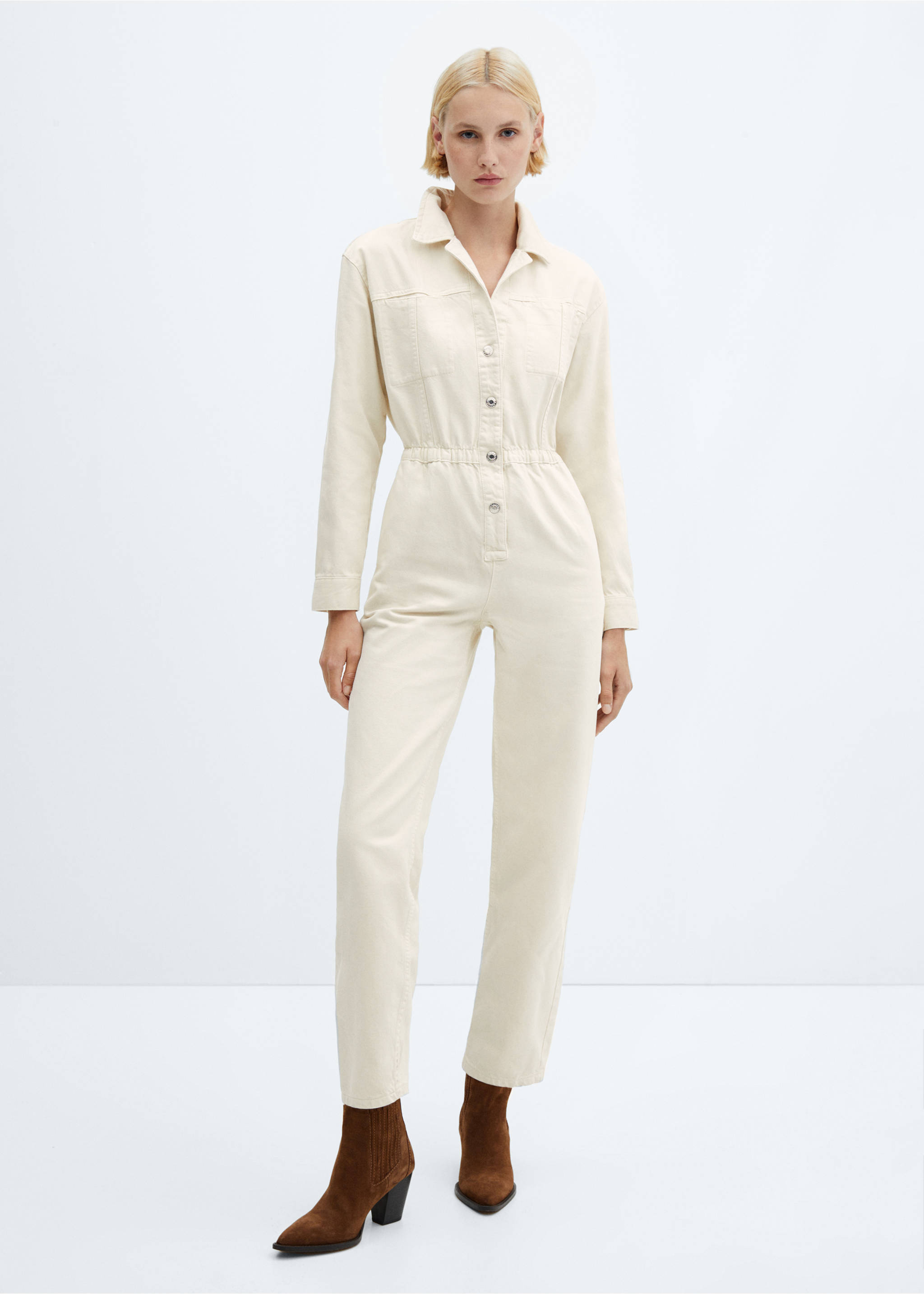 Long denim jumpsuit - General plane, Ecru. Ref: 57085993-00.