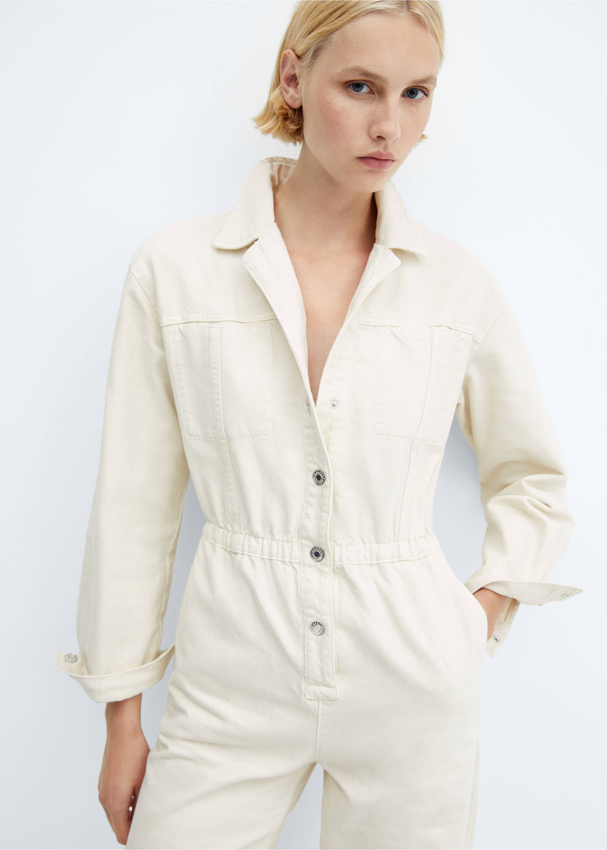 Long denim jumpsuit - Medium plane, Ecru. Ref: 57085993-00.
