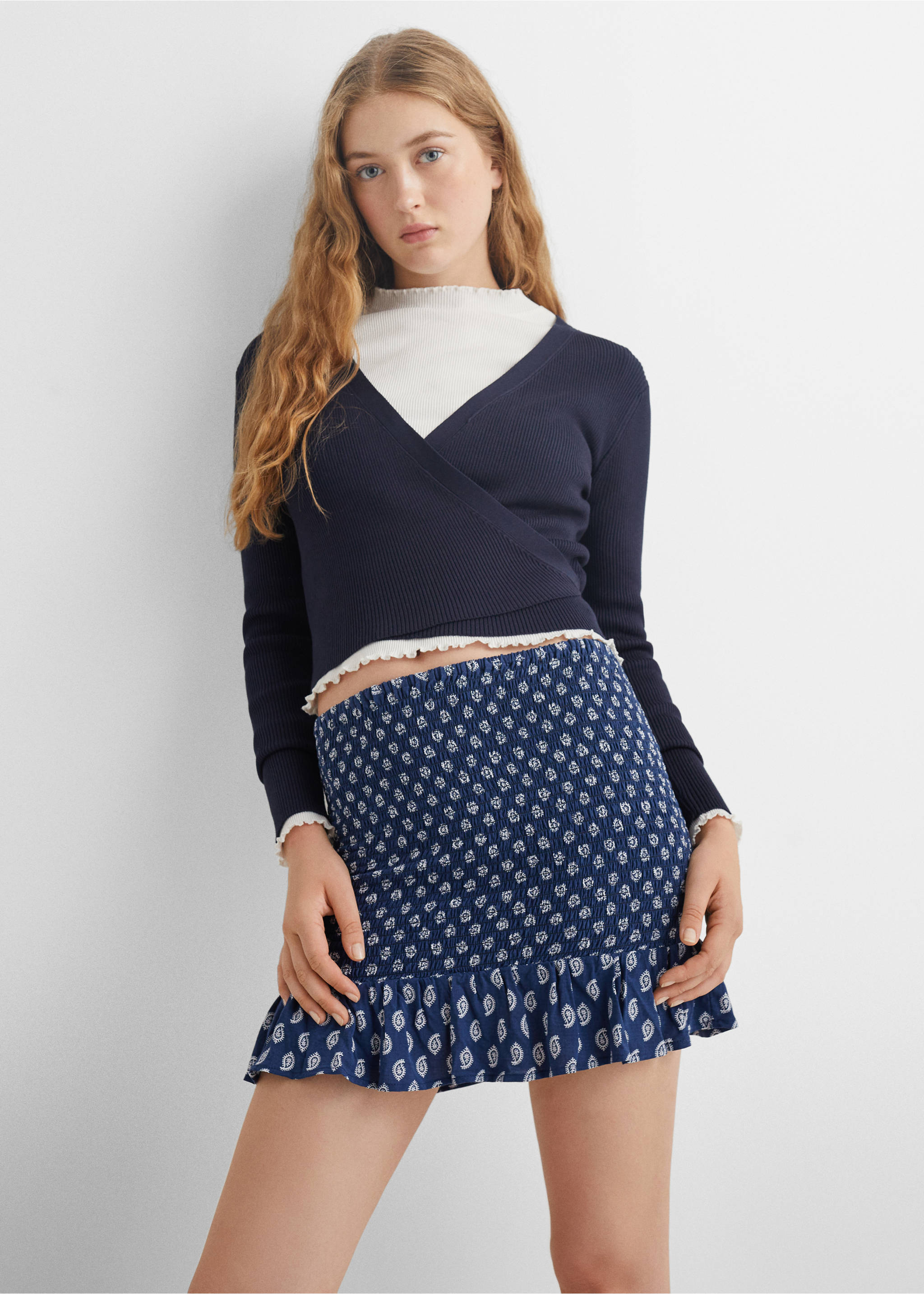 Printed pleated skirt - Details of the article 2, Dark Navy. Ref: 57086008-00.