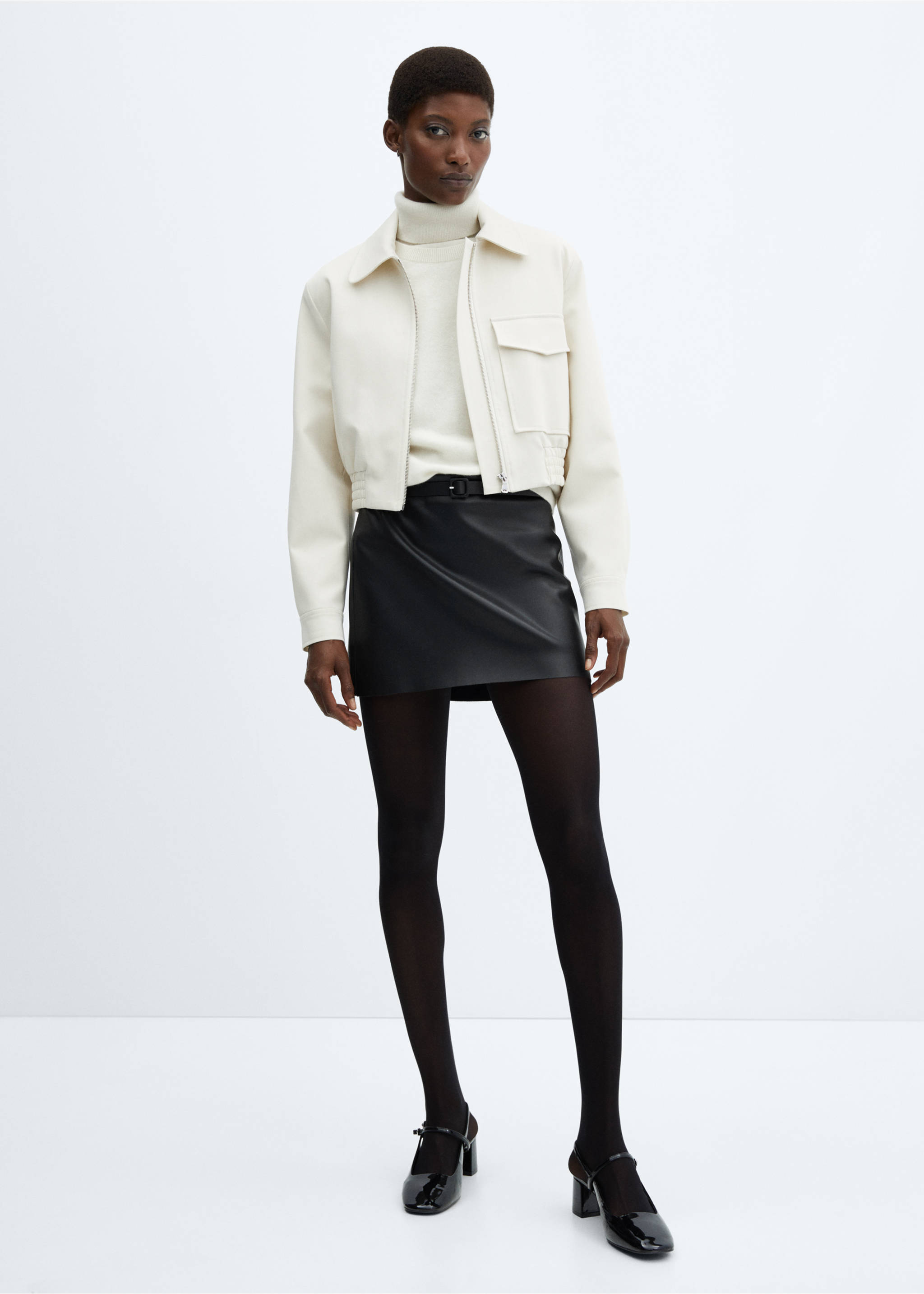Faux-leather mini-skirt with belt - General plane, Black. Ref: 57086712-00.