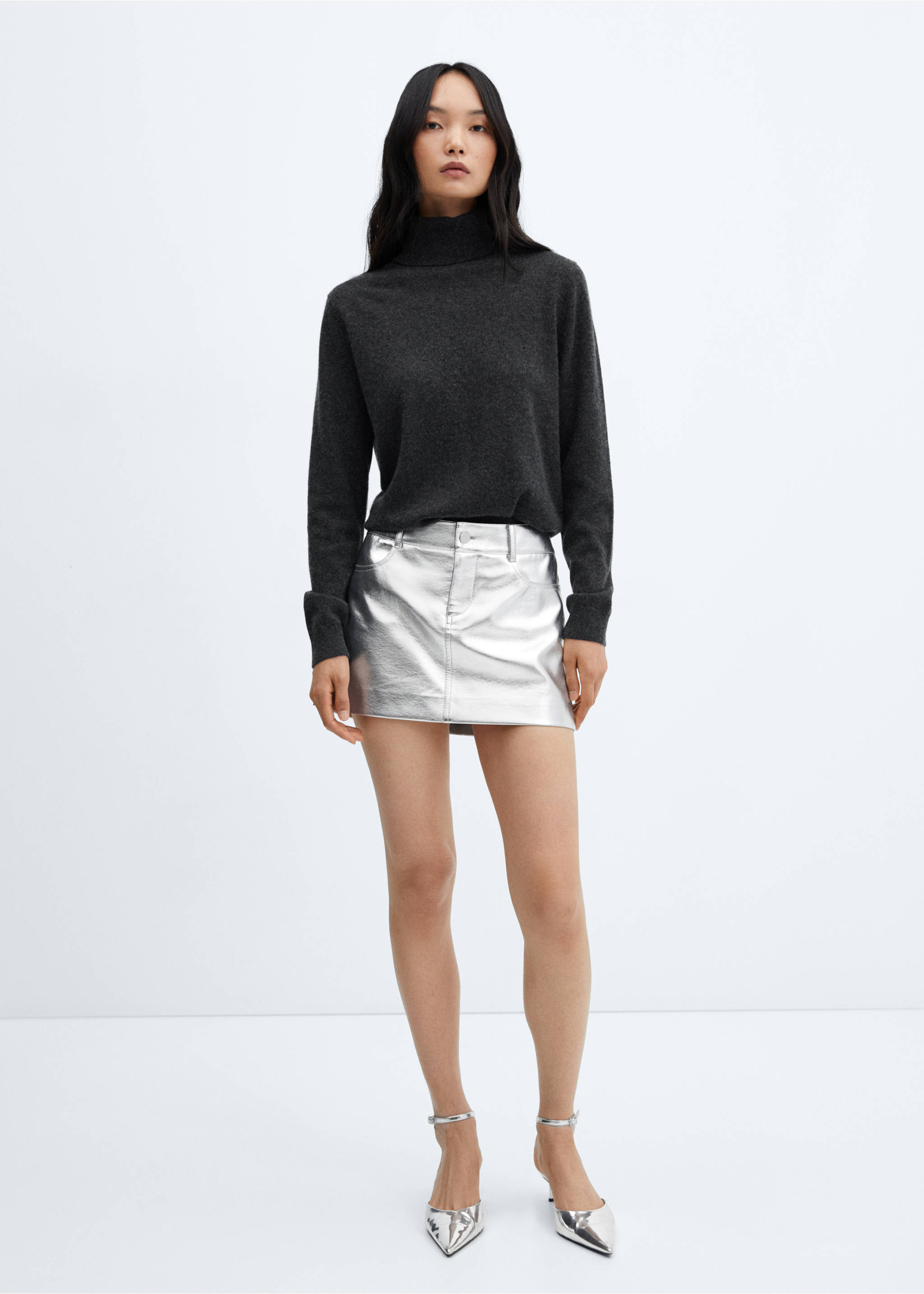 Metallic faux-leather mini-skirt - General plane, Silver. Ref: 57086726-00.