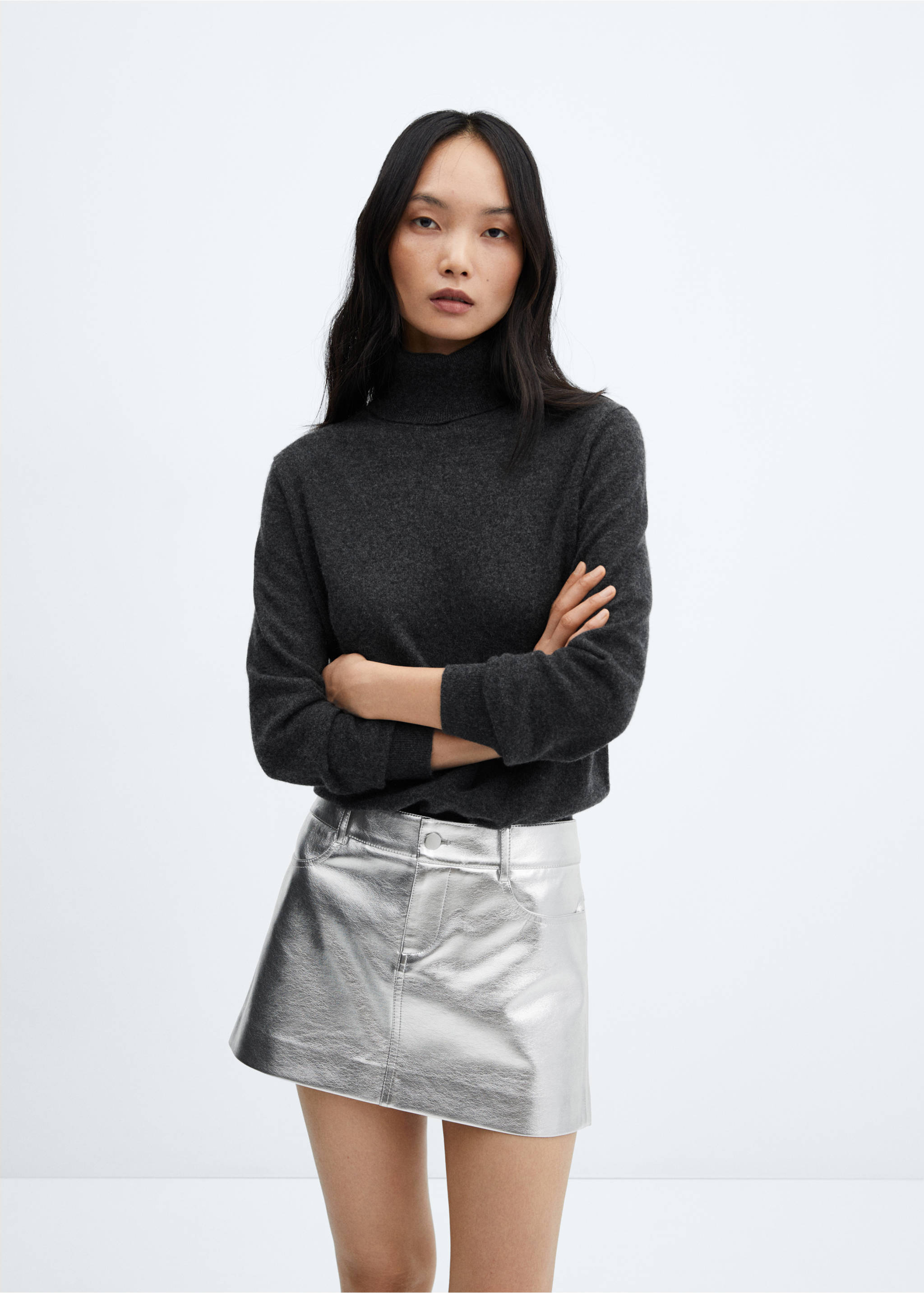 Metallic faux-leather mini-skirt - Medium plane, Silver. Ref: 57086726-00.