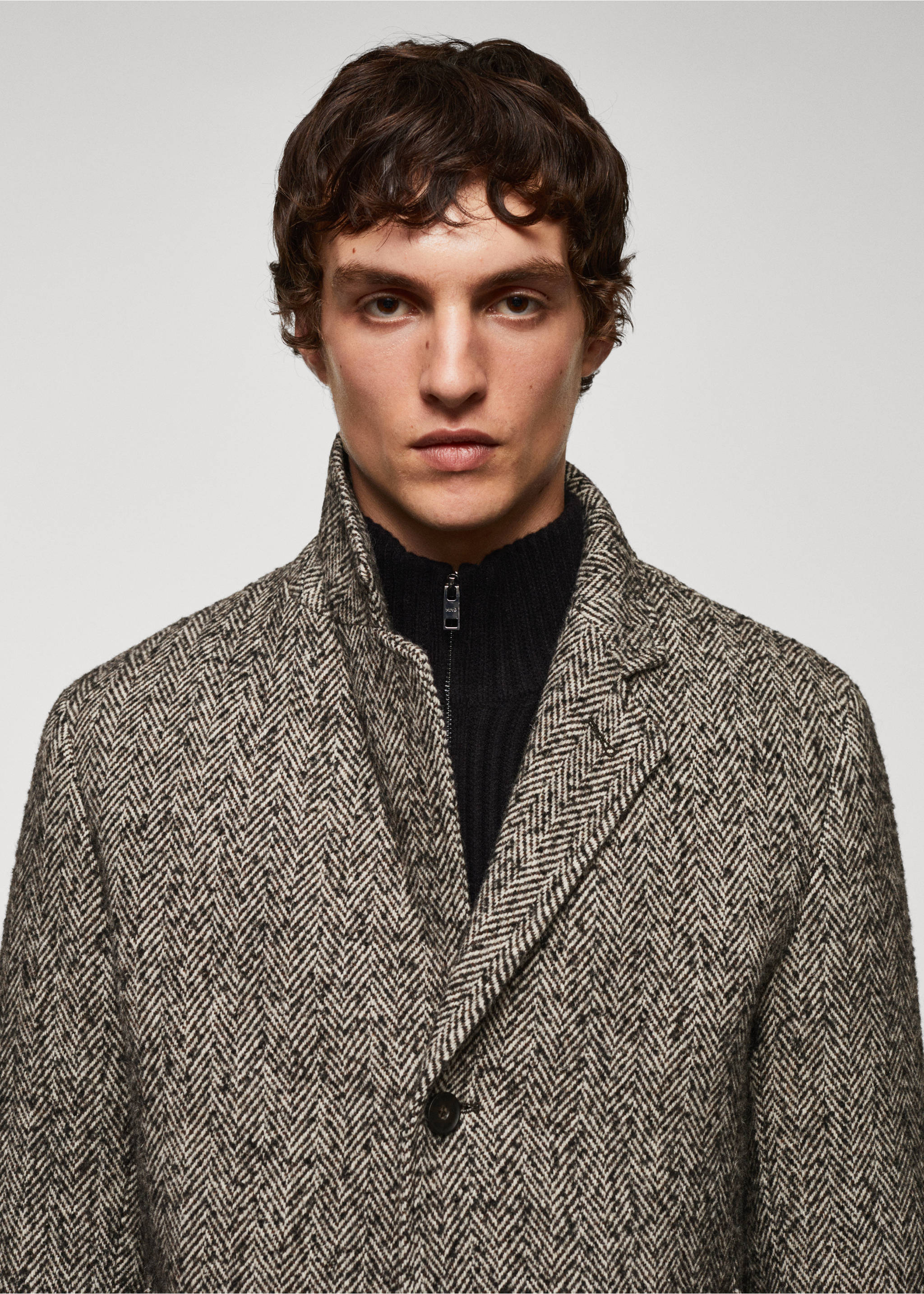 Recycled wool herringbone coat - Details of the article 1, Brown. Ref: 57087703-00.