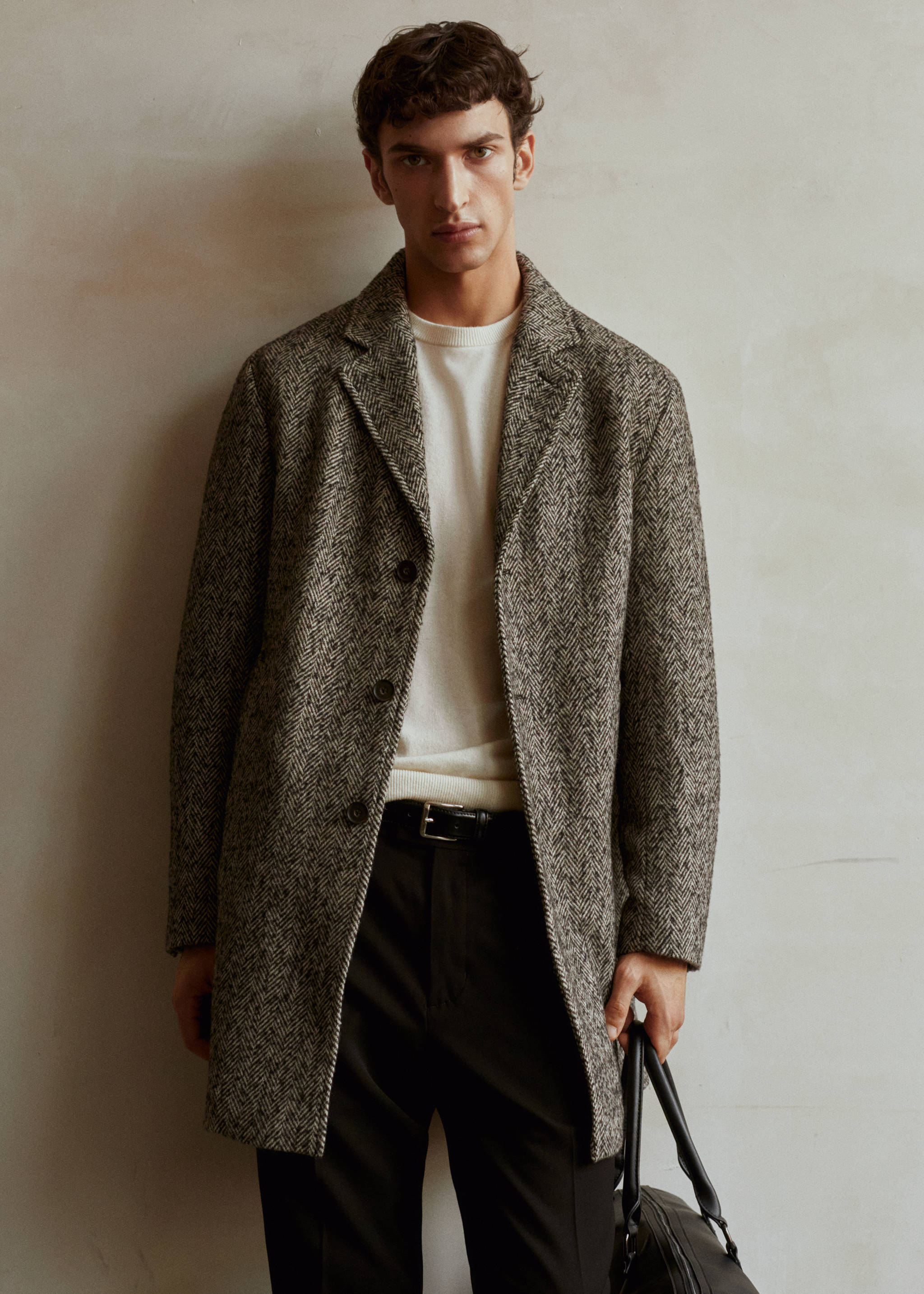 Recycled wool herringbone coat - Details of the article 5, Brown. Ref: 57087703-00.