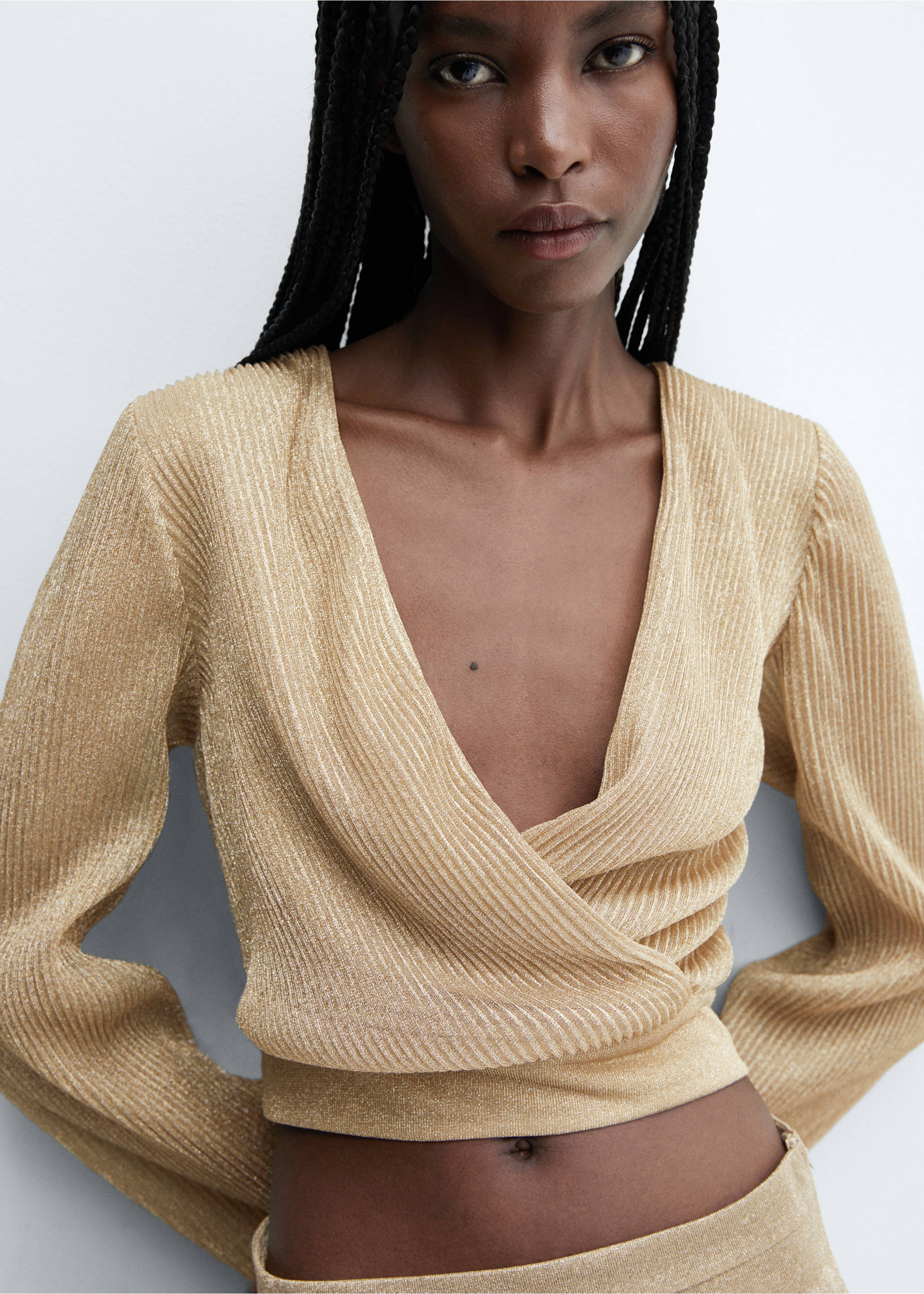 Lurex cropped blouse - Details of the article 1, Gold. Ref: 57087720-00.