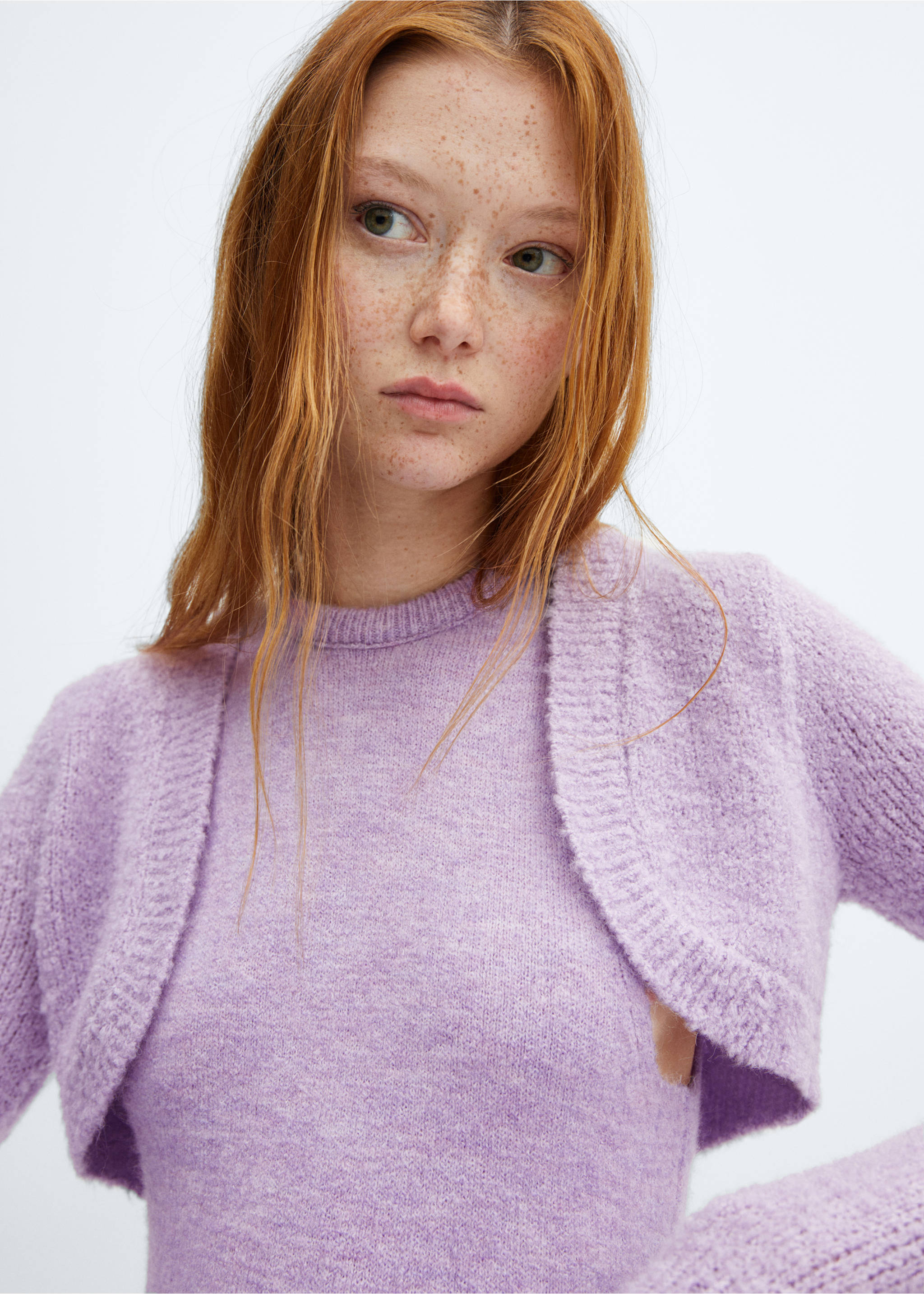 Knitted cropped cardigan - Details of the article 1, Light/Pastel Purple. Ref: 57087753-00.