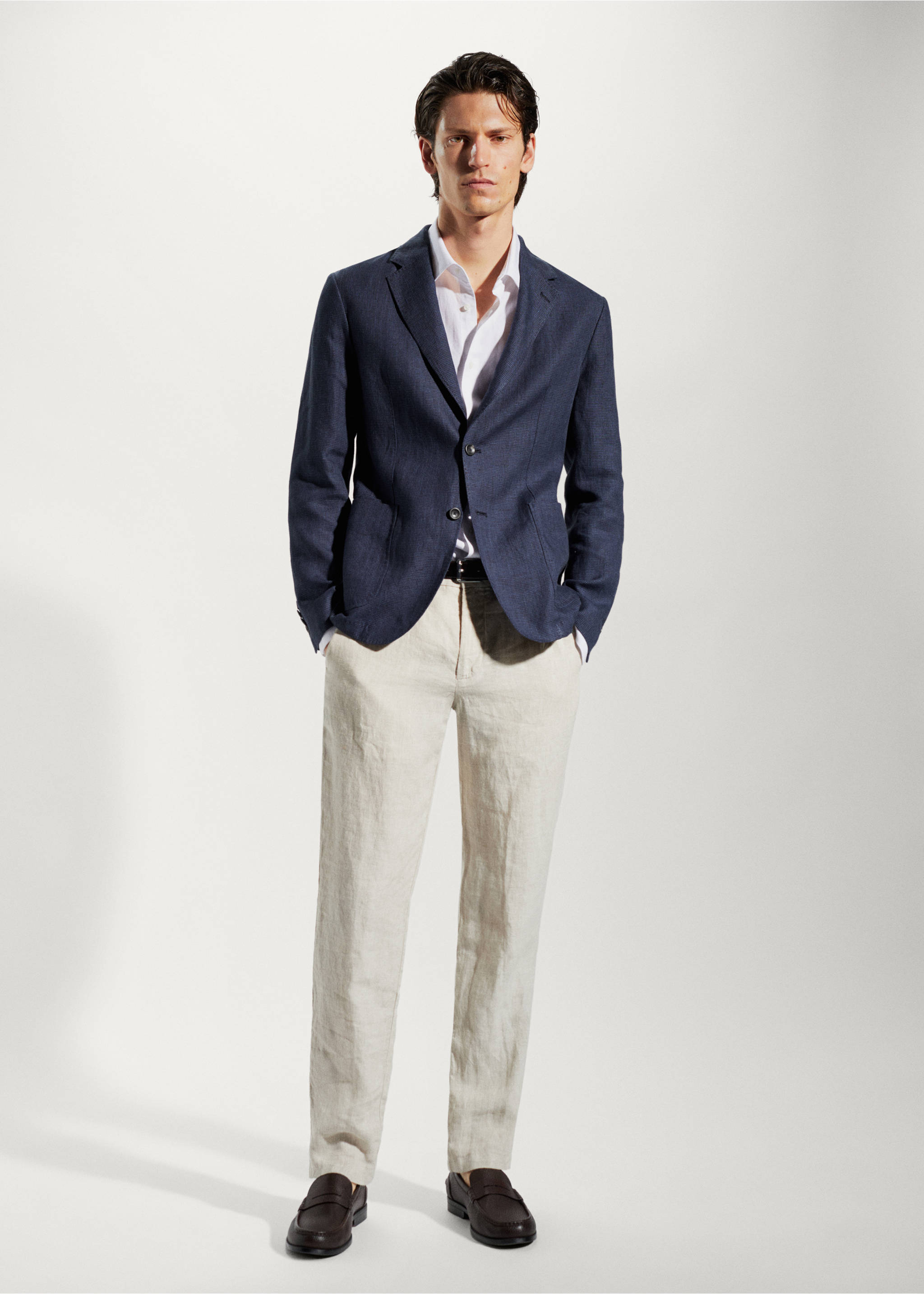 100% linen micro-houndstooth jacket - General plane, Navy. Ref: 57092509-00.