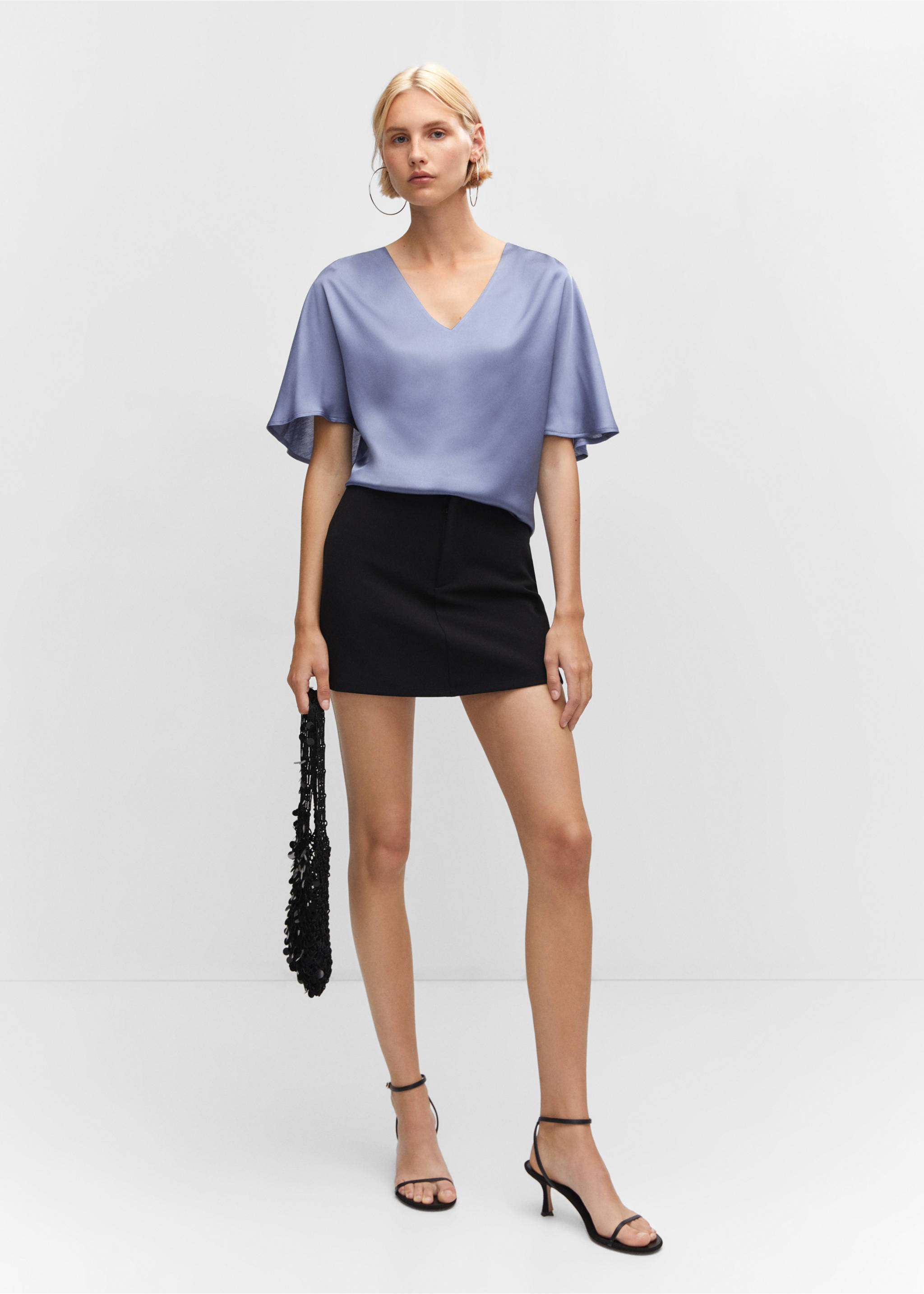 Short-sleeved satin blouse - General plane, Sky Blue. Ref: 57093811-00.