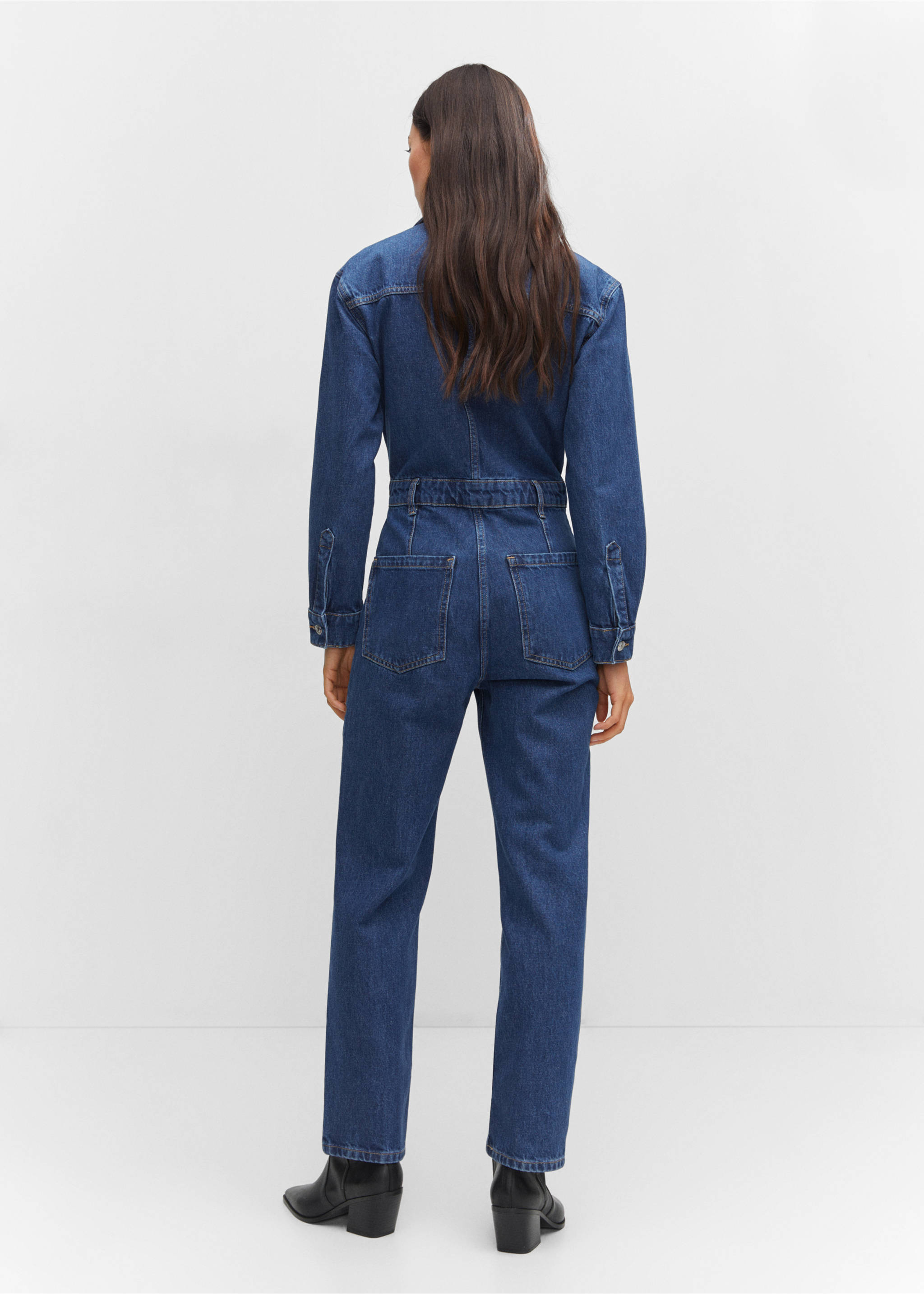Jeans-Jumsuit mit Reverskragen - Rückseite des Artikels, Dunkelblau. Ref: 57094769-00.