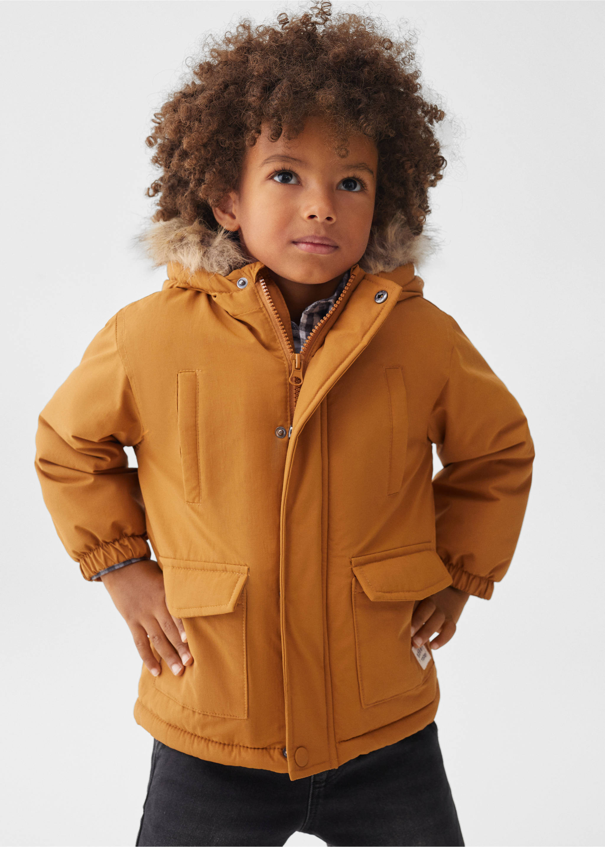 Puffer coat with fur-effect hood - Medium plane, Mustard. Ref: 57095976-00.