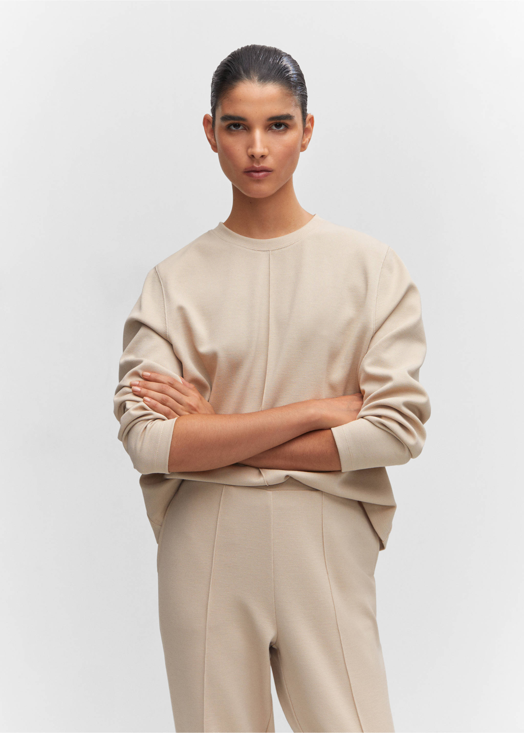 Sweatshirt met sierstiksels - Middenvlak, Open beige. Ref: 57096711-00.