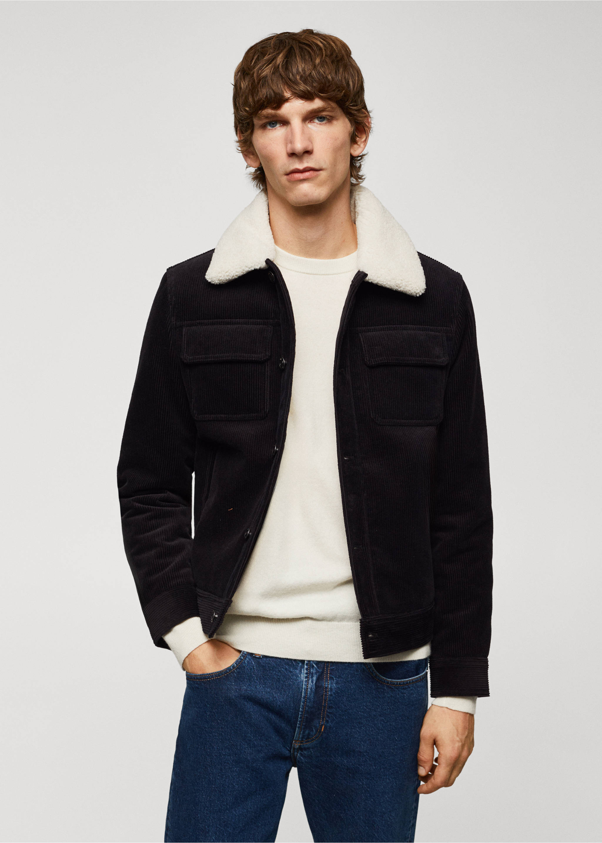 Corduroy jacket with shearling-effect lining - Medium plane, Navy. Ref: 57097701-00.