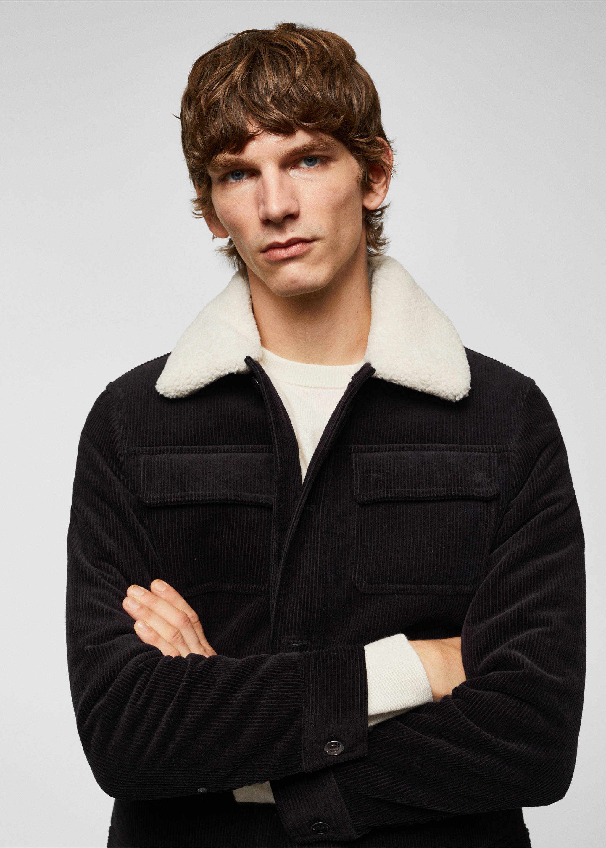 Corduroy jacket with shearling-effect lining - Details of the article 1, Navy. Ref: 57097701-00.